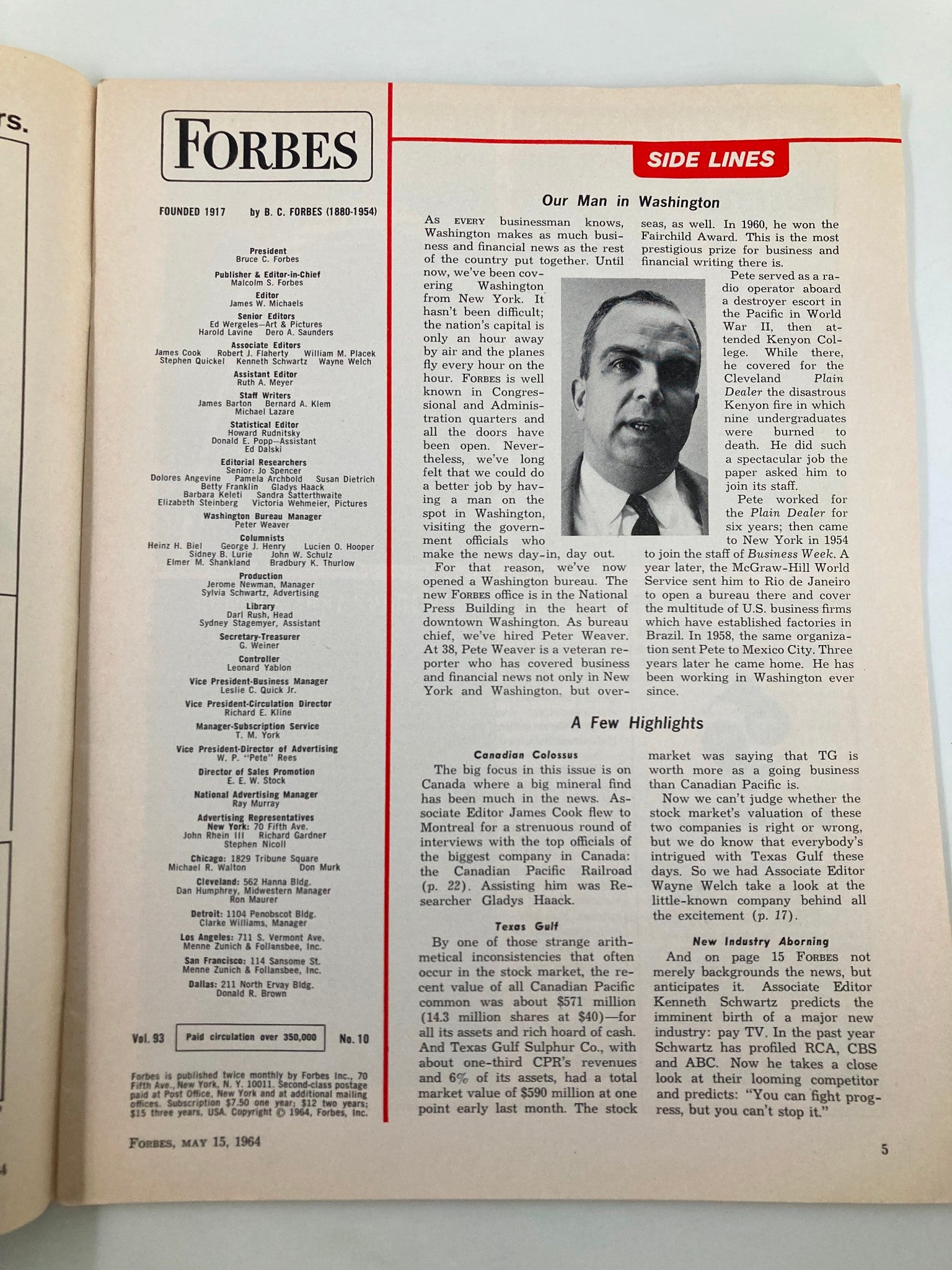 VTG Forbes Magazine May 15 1964 Norris Crump's Canadian Pacific Expanding