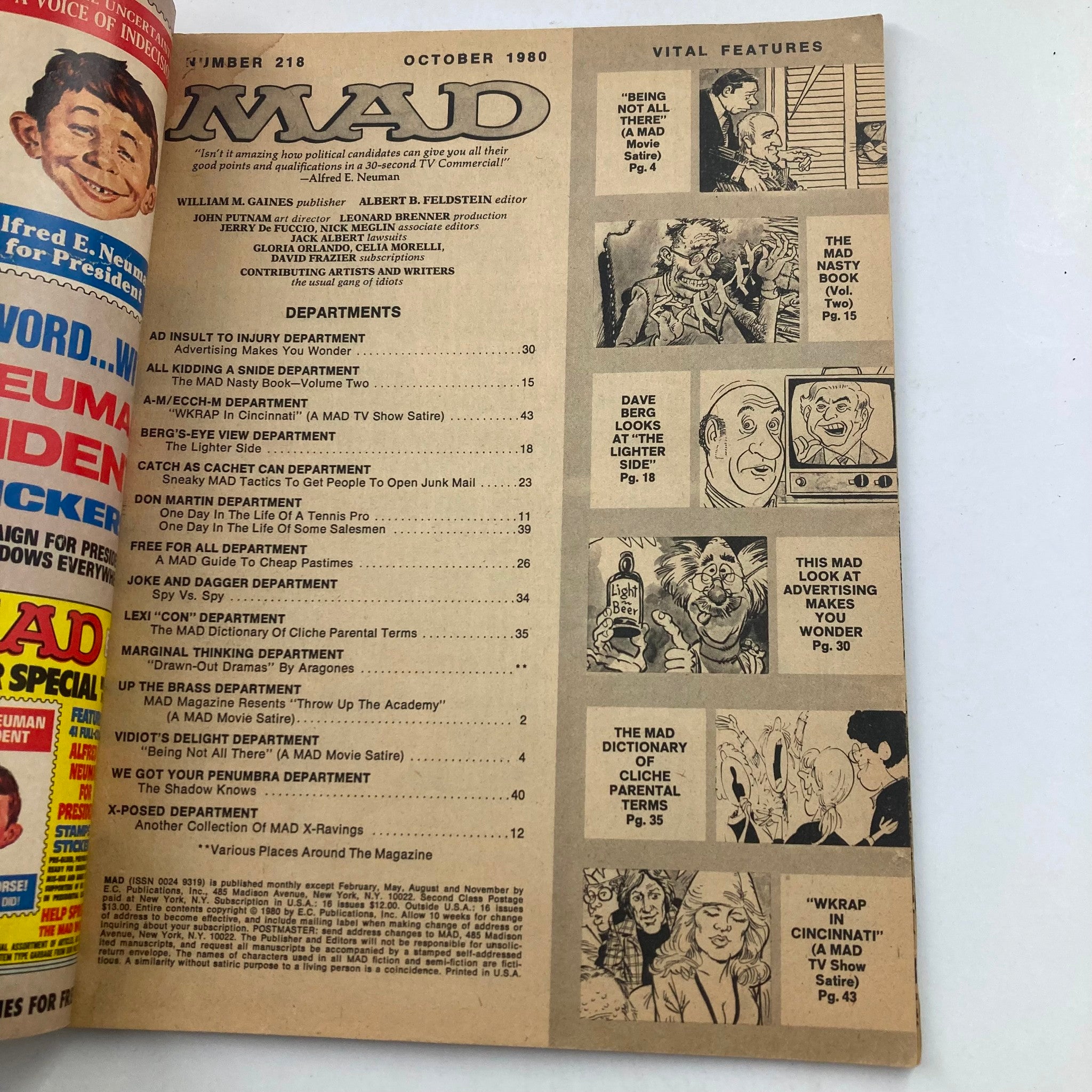 Mad Magazine October 1980 No. 218 Candidate Alfred 4.0 VG Very Good No Label