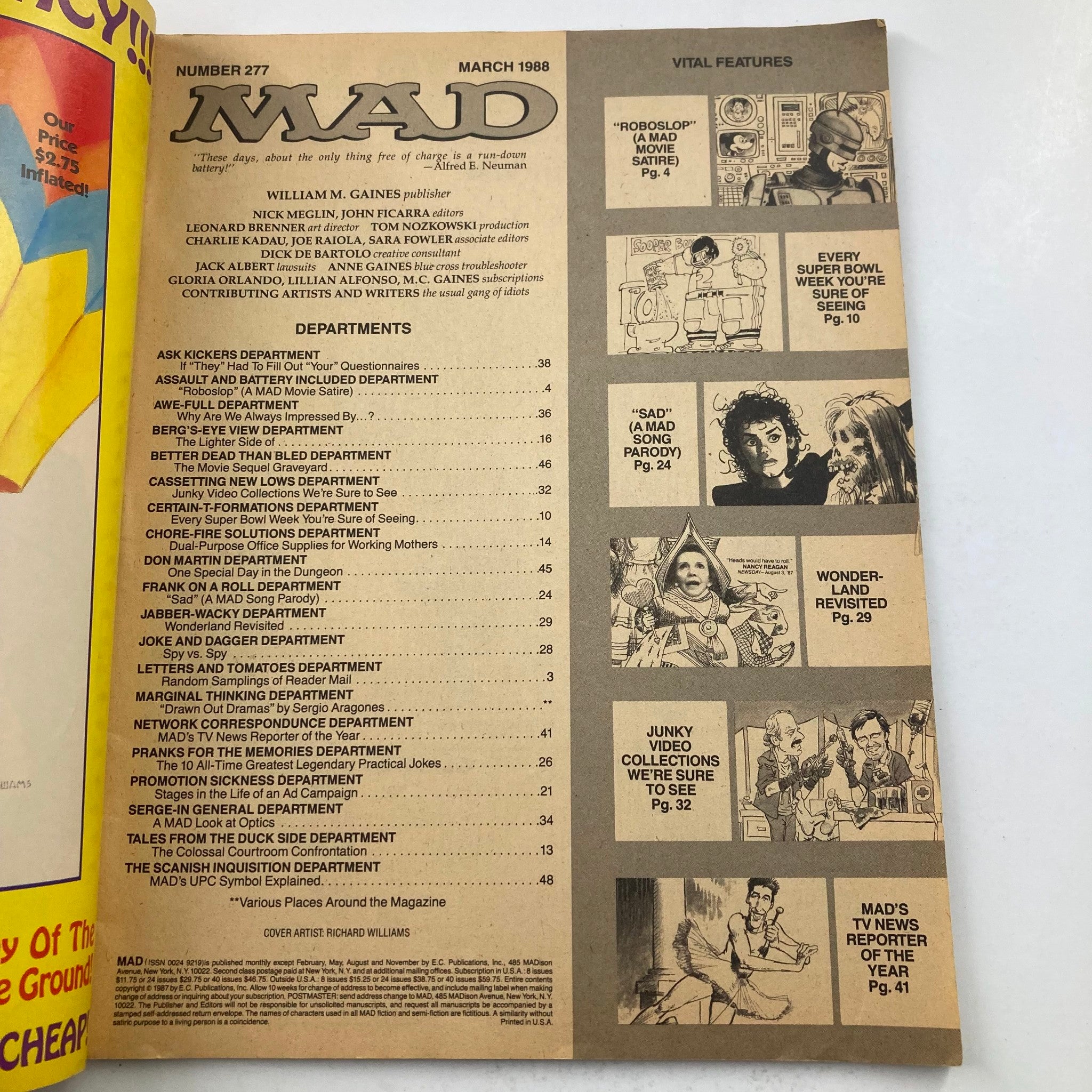 Mad Magazine March 1988 No. 277 Sad A Mad Song Parody 4.0 VG Very Good No Label