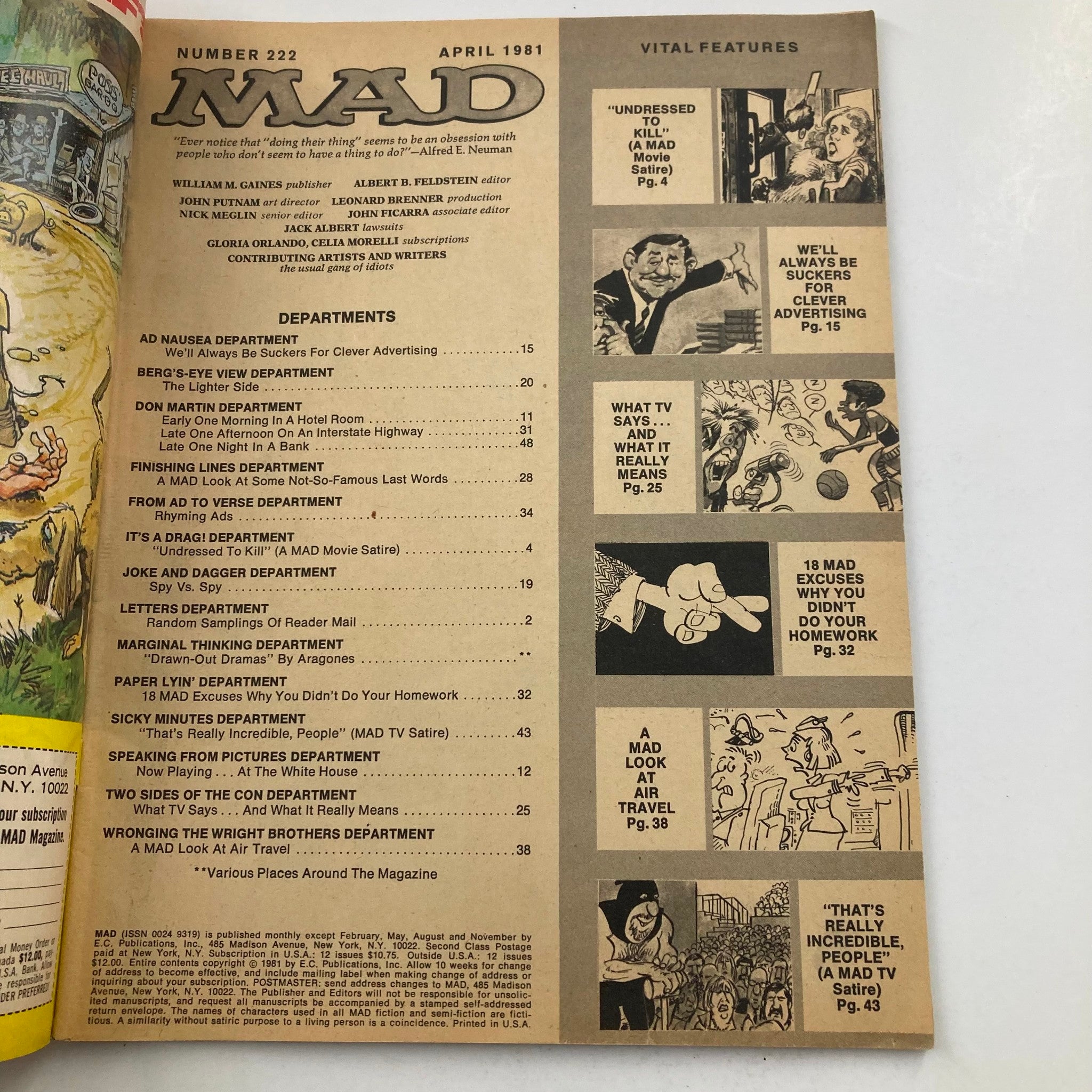 Inside page of Mad Magazine April 1981 No. 222 showcasing the table of contents, highlighting various features and humorous sections, reflecting the magazine's clever and comedic style.
