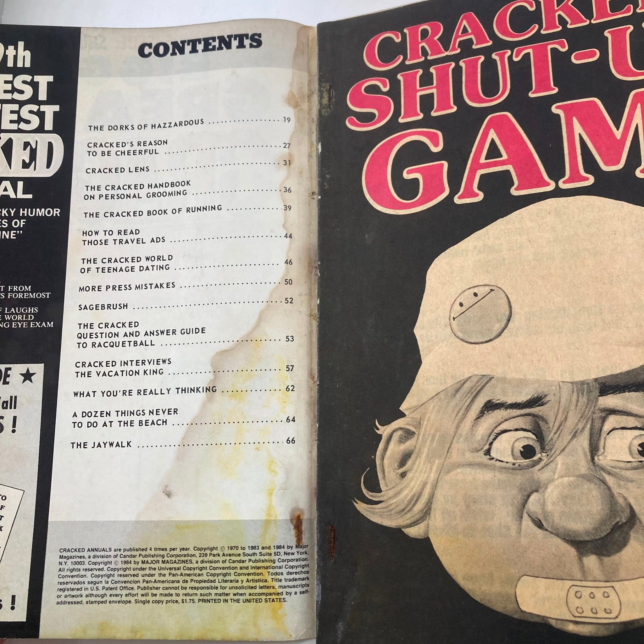 Contents page from Cracked Annuals Magazine Fall 1984, detailing various humorous articles and features in the issue, including 'Cracked's Reason to be Cheerful' and 'The Cracked Book of Running.'
