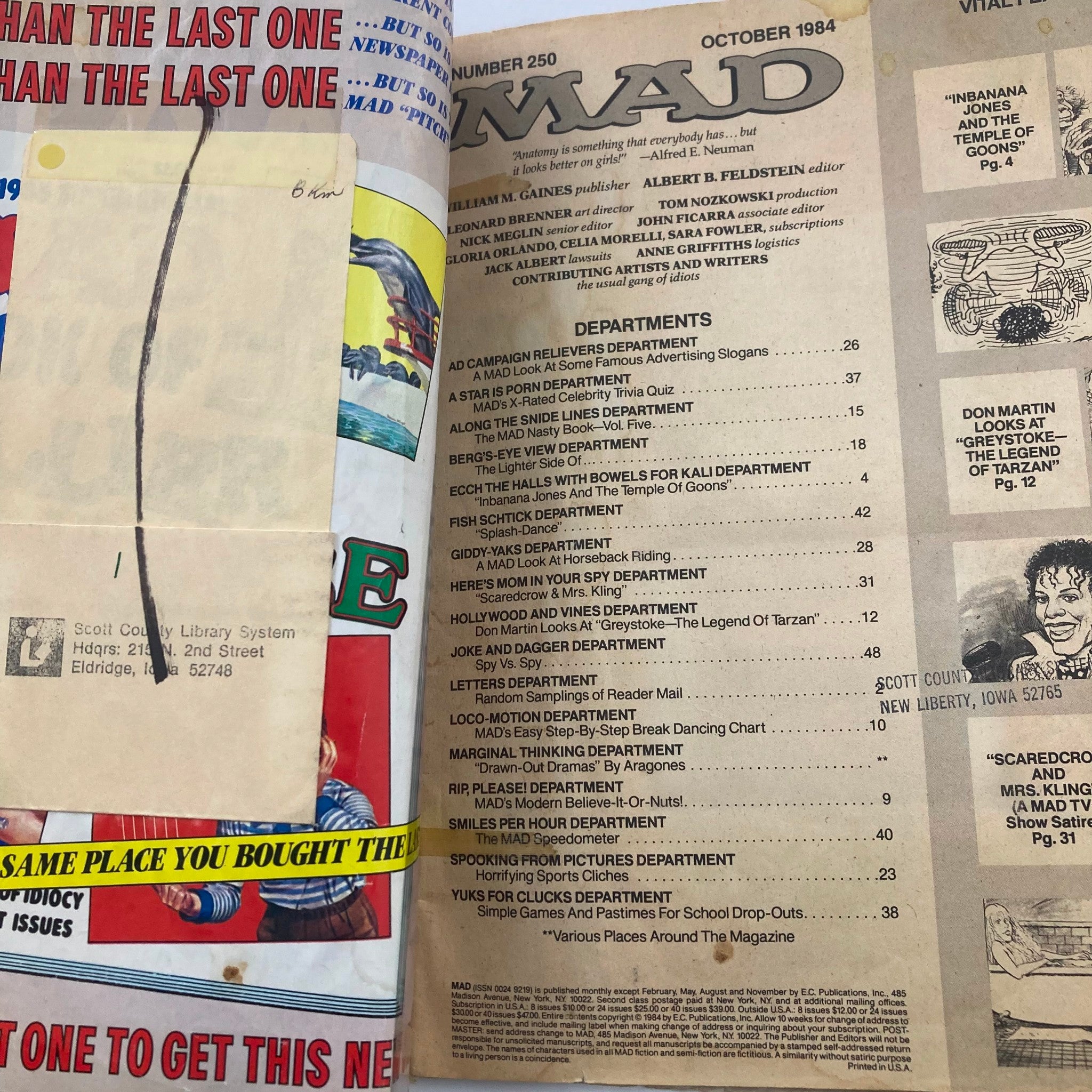 Mad Magazine July 1984 No. 250 Indiana Jones Temple of Doom 2.0 Good No Label