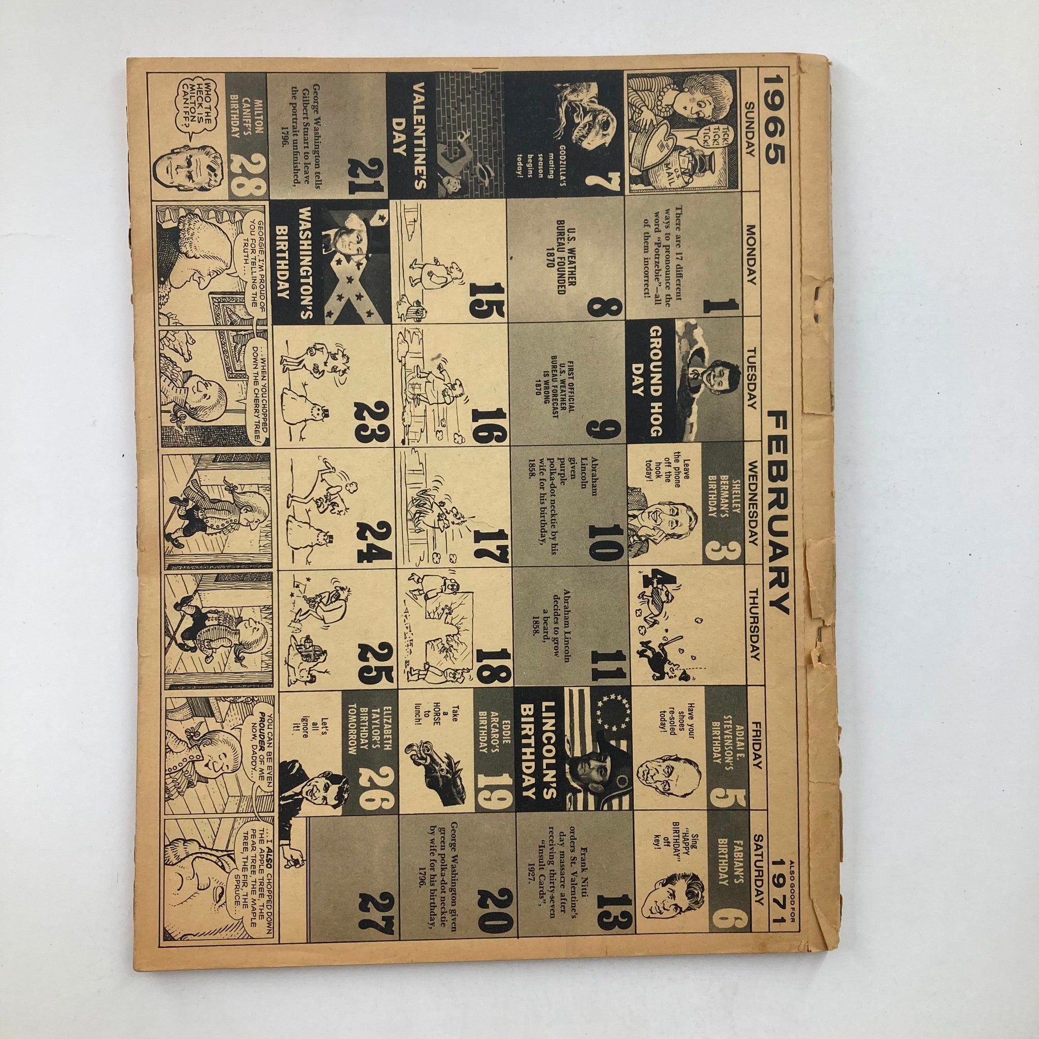 Inside page of Mad Follies Magazine 1964 displaying the February 1965 calendar with humorous illustrations and events, capturing the playful spirit of the vintage magazine.