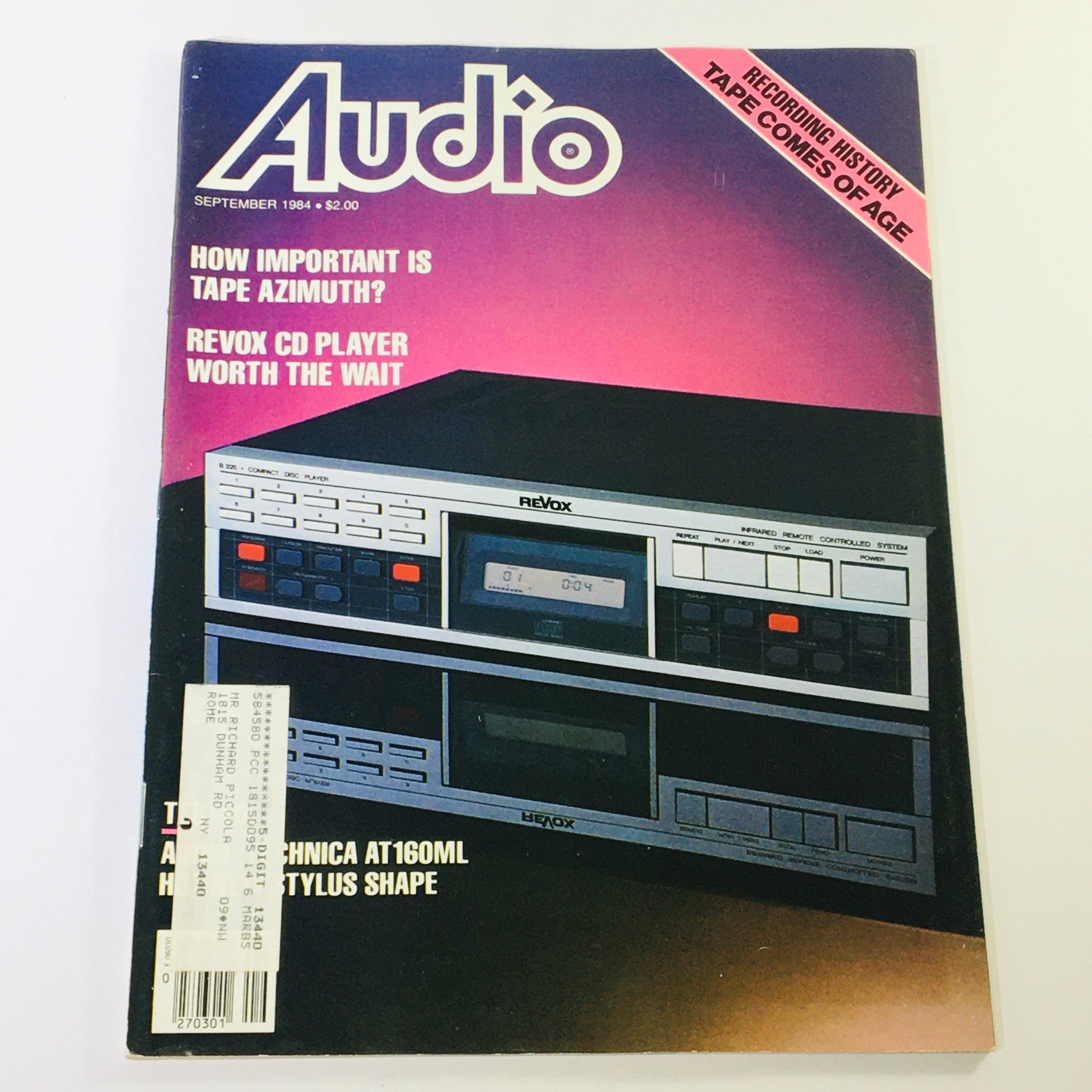 Cover of VTG Audio Magazine September 1984 featuring Revox CD Player and an article about Tape Azimuth importance. The magazine showcases vintage audio equipment and captures the essence of 1980s audio culture.