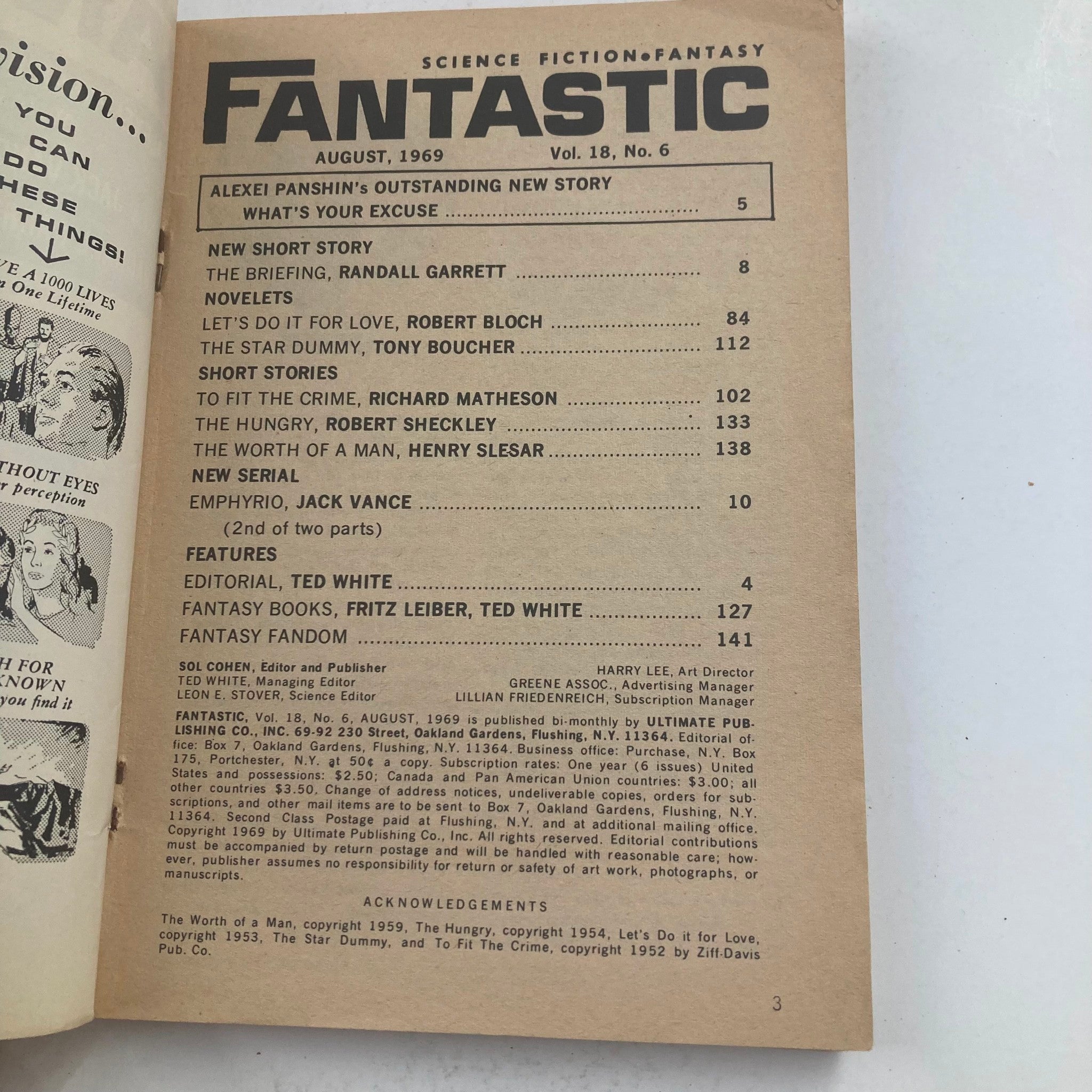 Fantastic Magazine August 1969 Vol 18 No. 6 To Fit The Crime No Label