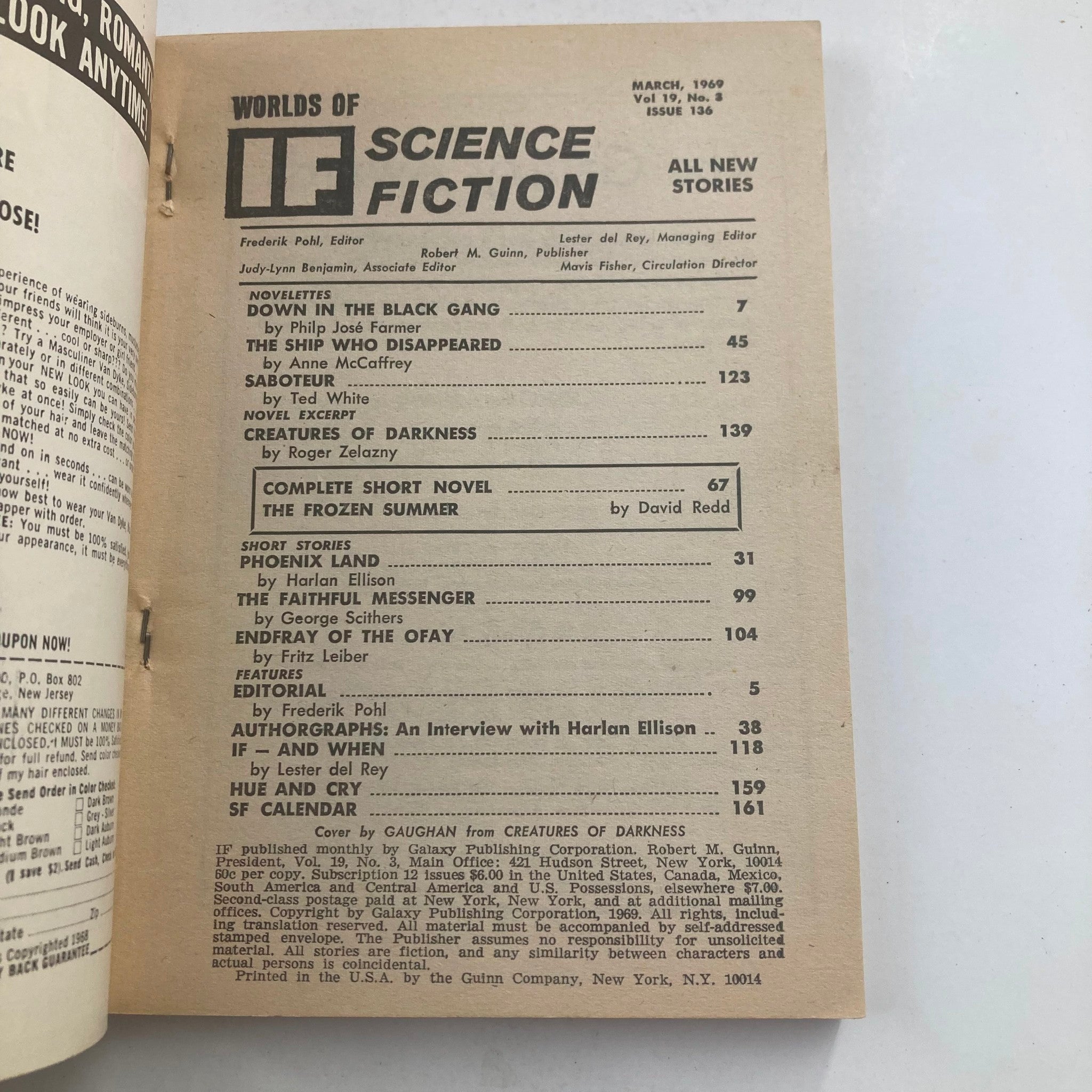 If Science Fiction Magazine March 1969 Vol 19 No. 3 The Frozen Summer No Label