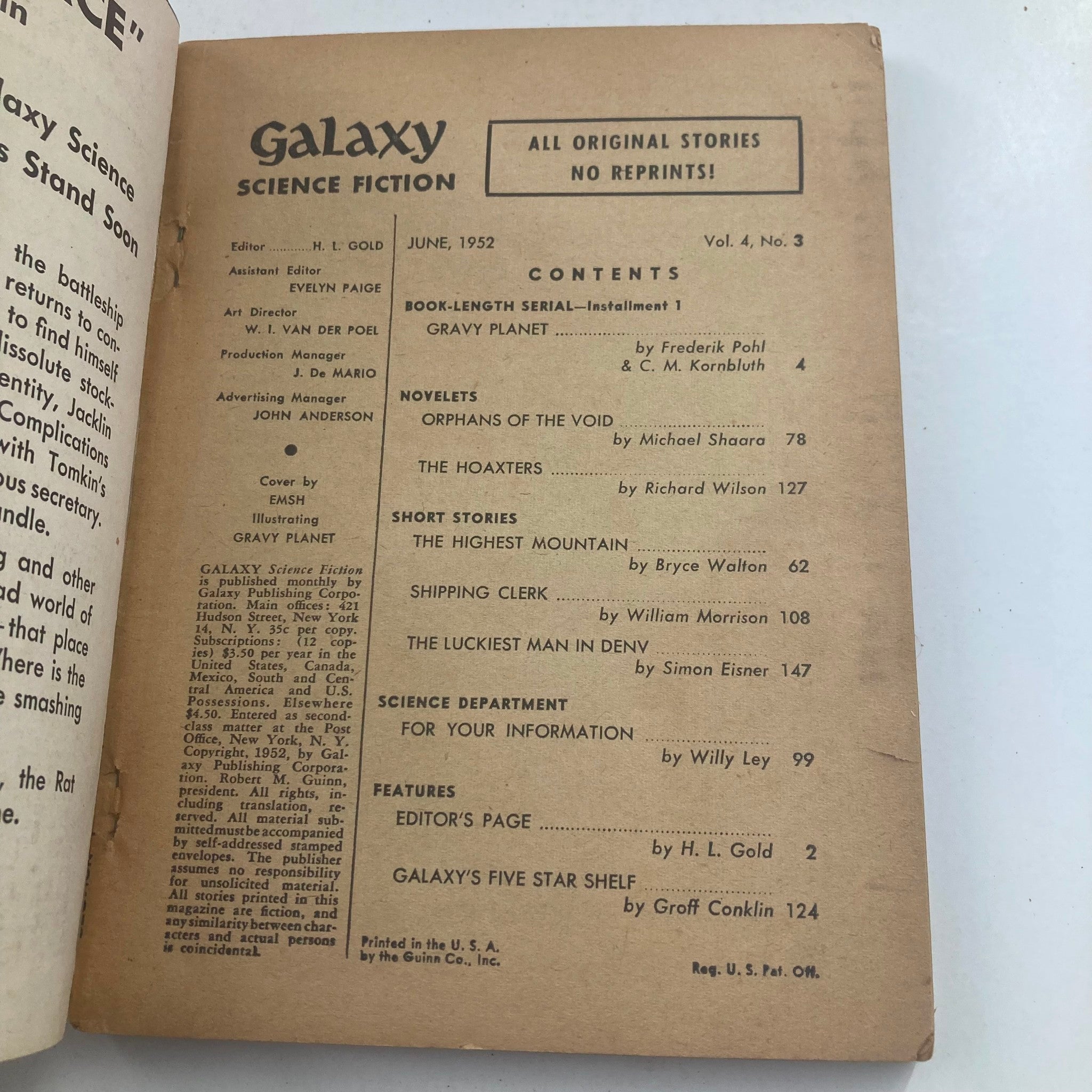 Galaxy Science Fiction Magazine June 1952 Vol 4 No. 3 Gravy Planet No Label