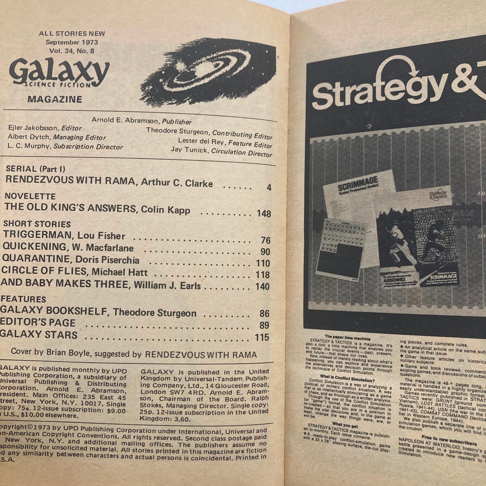 Galaxy Magazine September 1973 Vol 34 No. 8 Rendezvous with Rama No Label