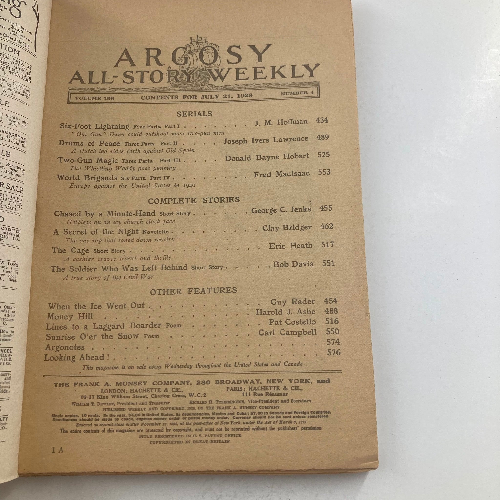 VTG Argosy Magazine July 21 1928 Vol 196 No. 4 Six Foot Lightning No Label