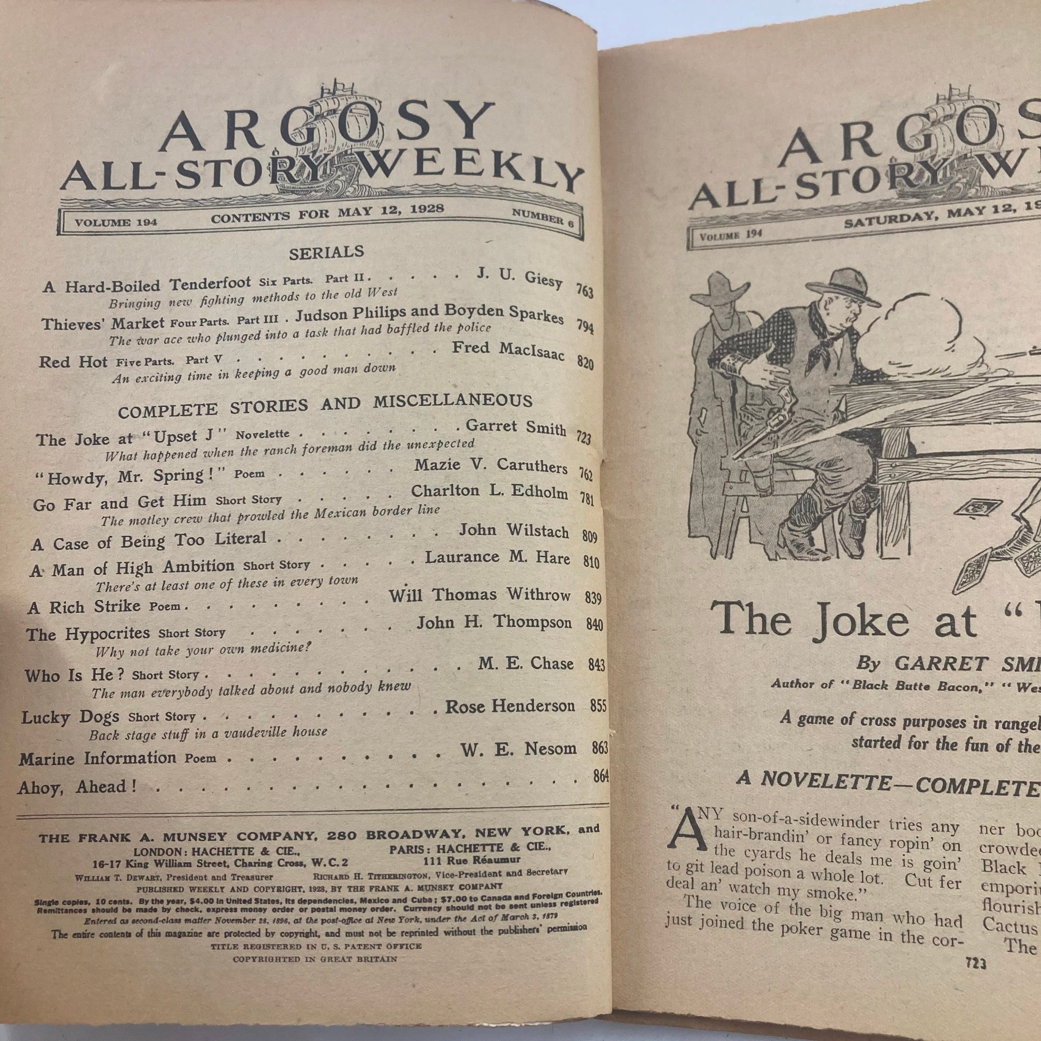 VTG Argosy Magazine May 12 1928 Vol 194 No. 6 The Joke at "Upset J" No Label