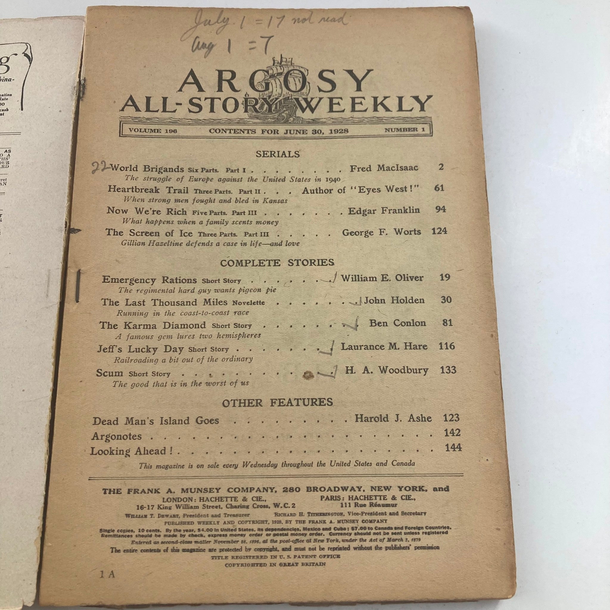 VTG Argosy Magazine June 30 1928 Vol 196 No. 1 World Brigands No Label