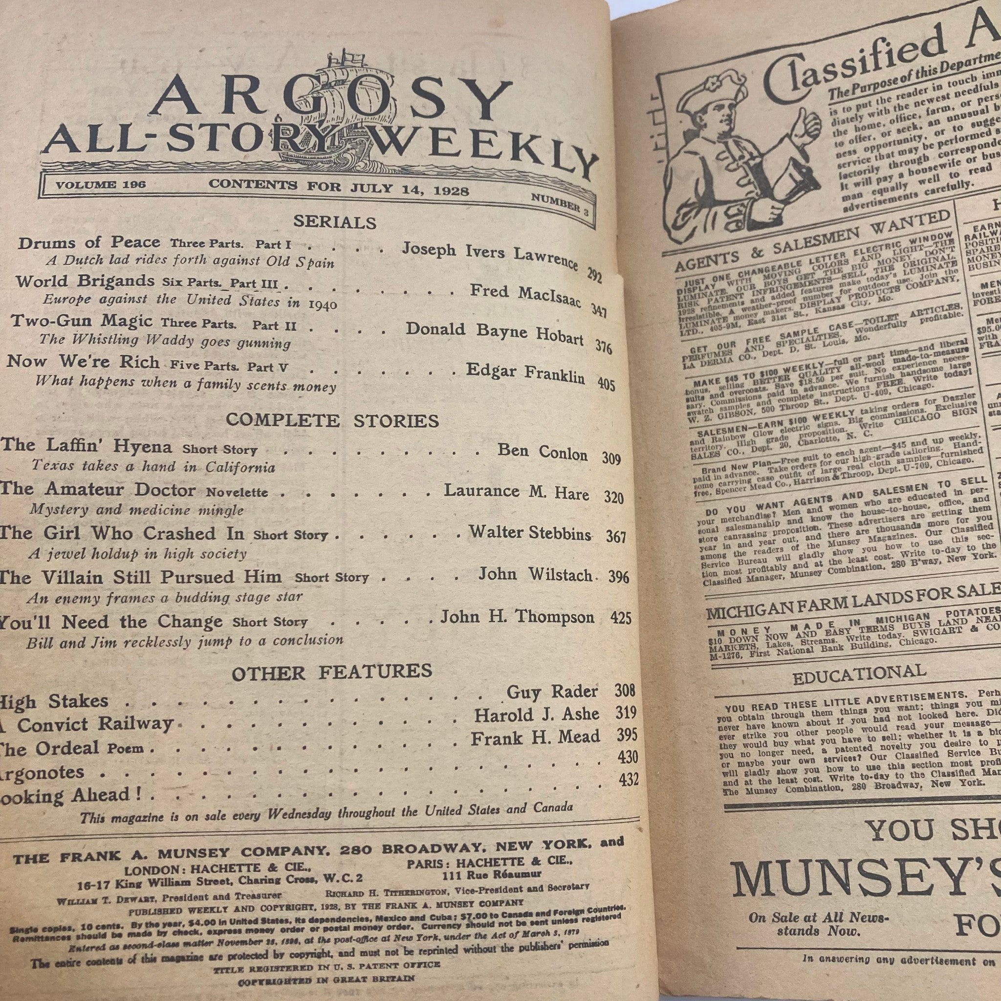 VTG Argosy Magazine July 14 1928 Vol 196 No. 3 Drums of Peace No Label