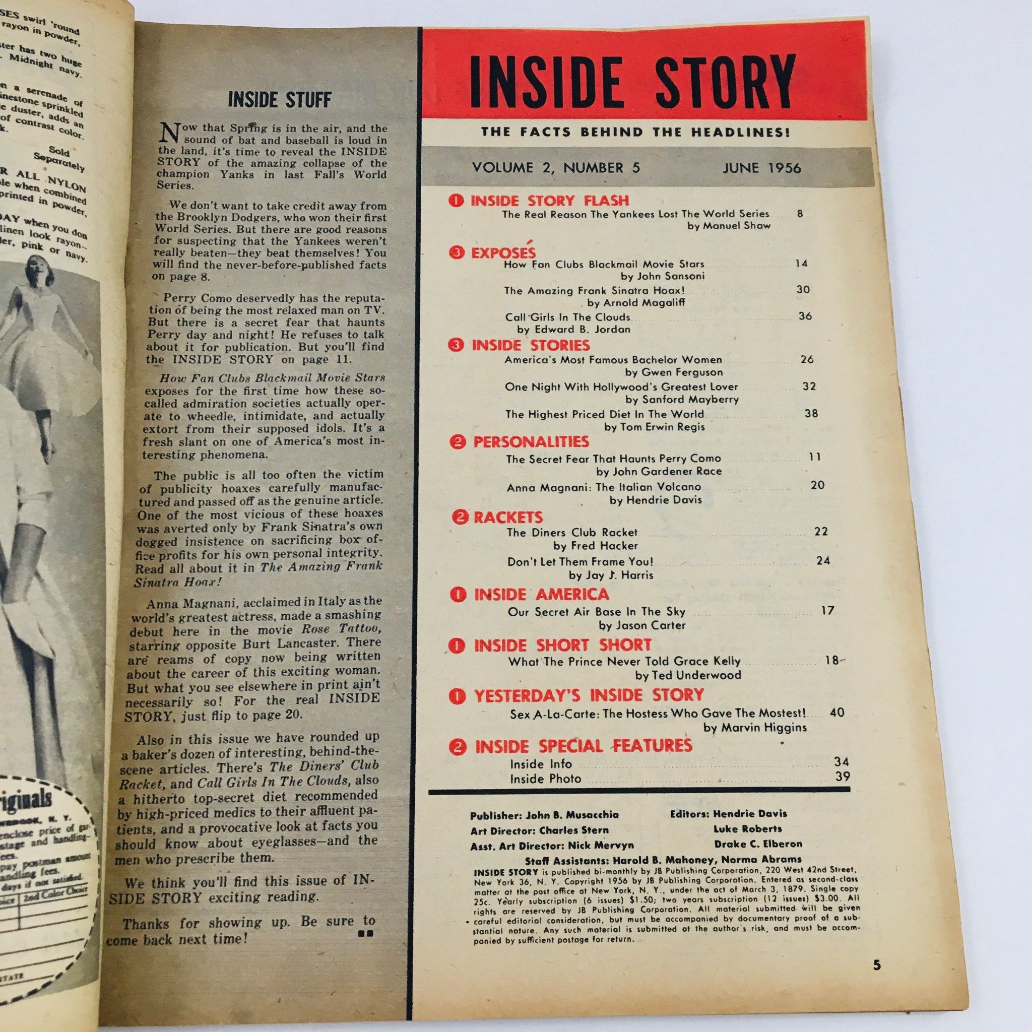 Inside Story Magazine June 1956 Frank Sinatra & Perry Como Secret Fear No Label