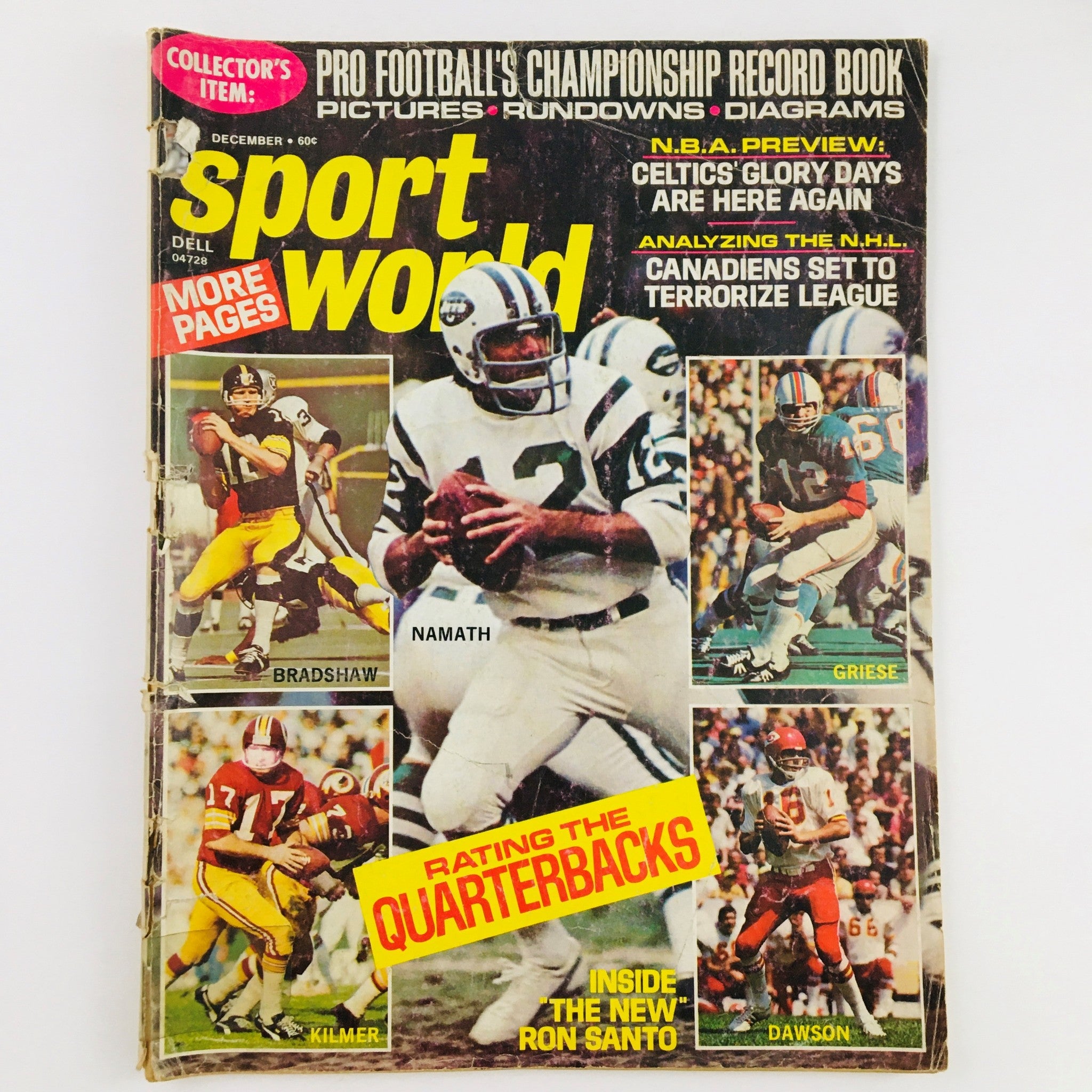 Cover of Sport World Magazine December 1973 featuring NFL legends Joe Namath and Terry Bradshaw, showcasing football action and ratings for quarterbacks.