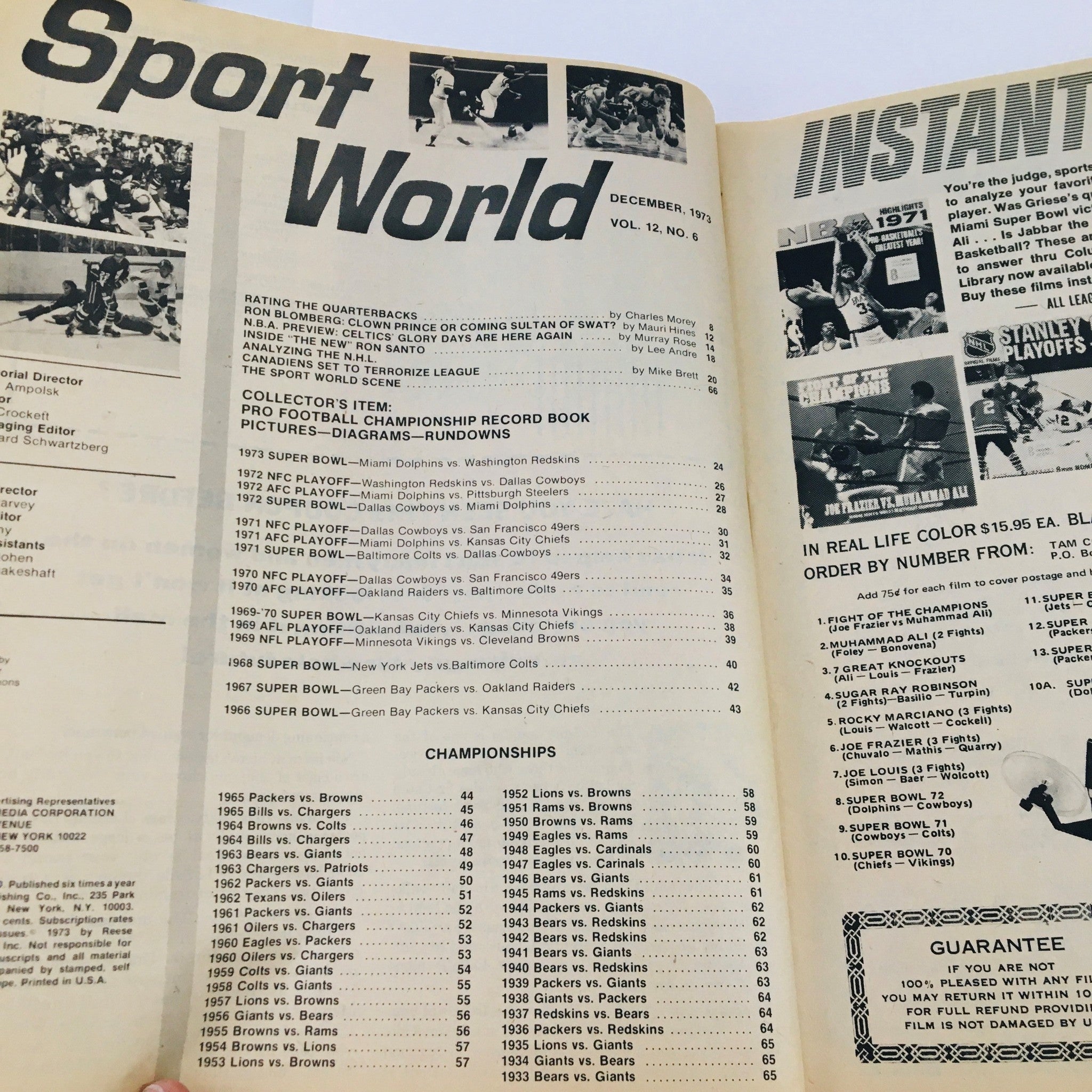 Inside pages of Sport World Magazine December 1973, displaying features on NFL playoff history and detailed diagrams from the football championship record.