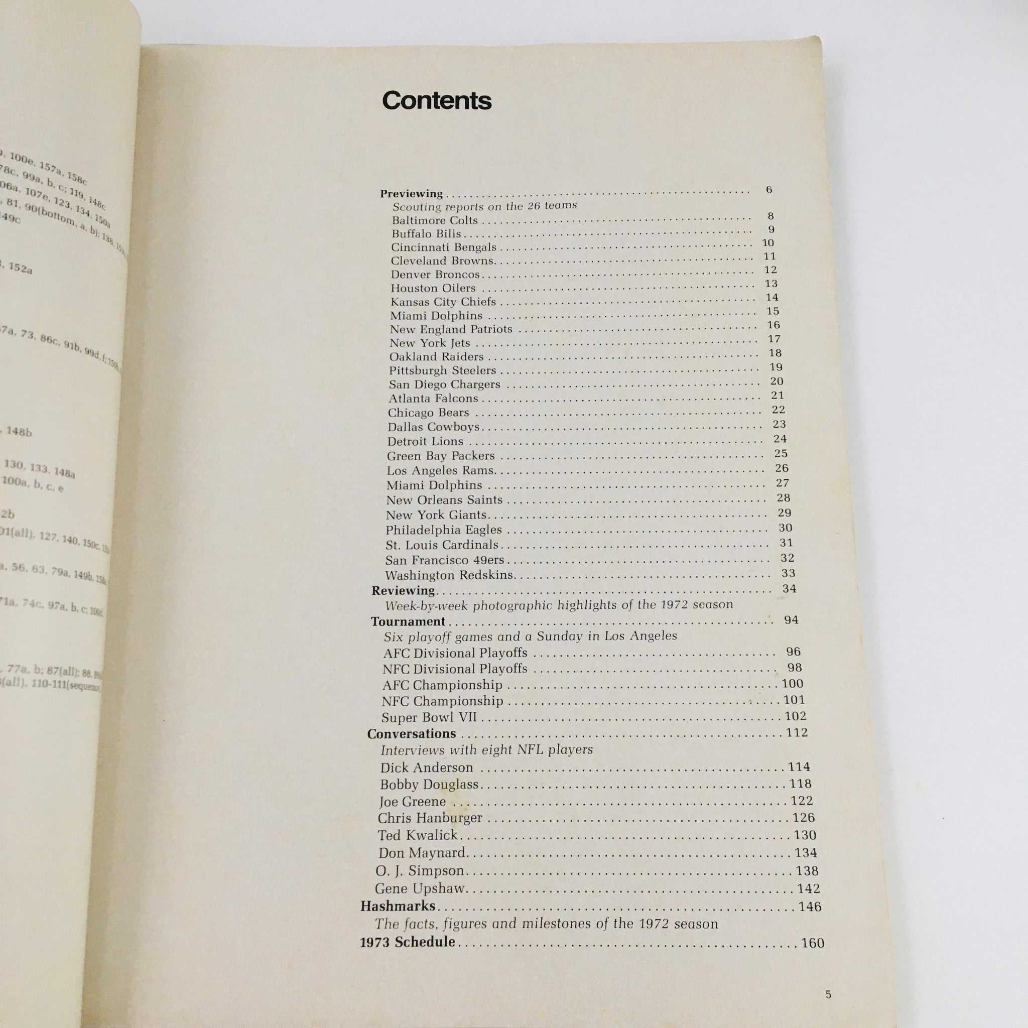 Contents page from the ProLog Official NFL Annual 1973 Magazine showcasing scouting reports, team previews, and game details.
