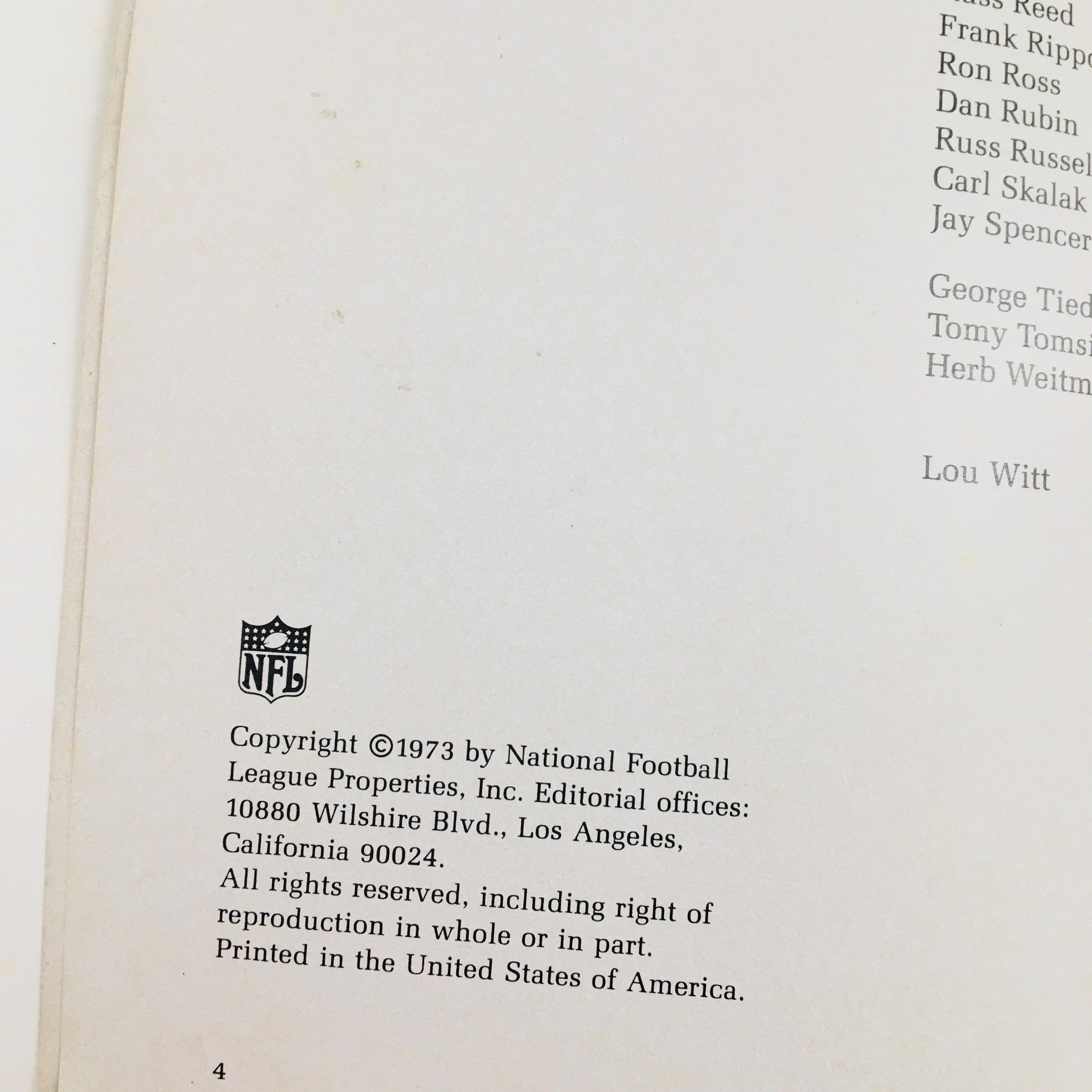 Copyright information from the ProLog Official NFL Annual 1973 Magazine, indicating its publication by National Football League Properties.