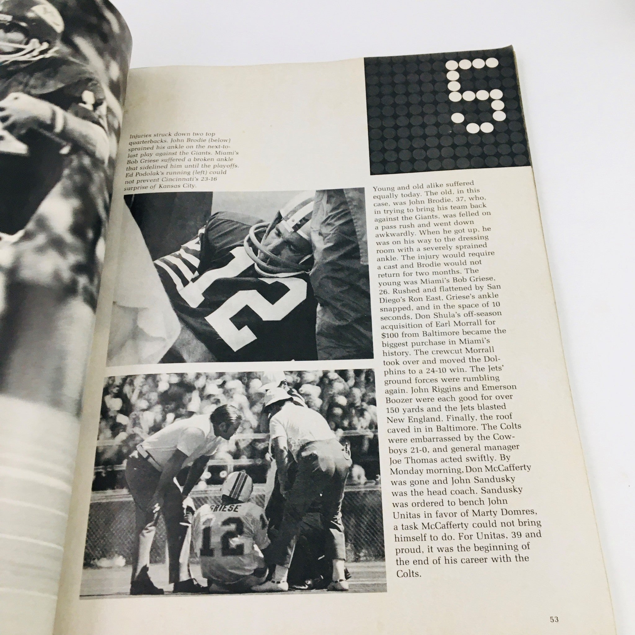 Image from the ProLog Official NFL Annual 1973 Magazine featuring players on the field, illustrating injuries and key game moments.