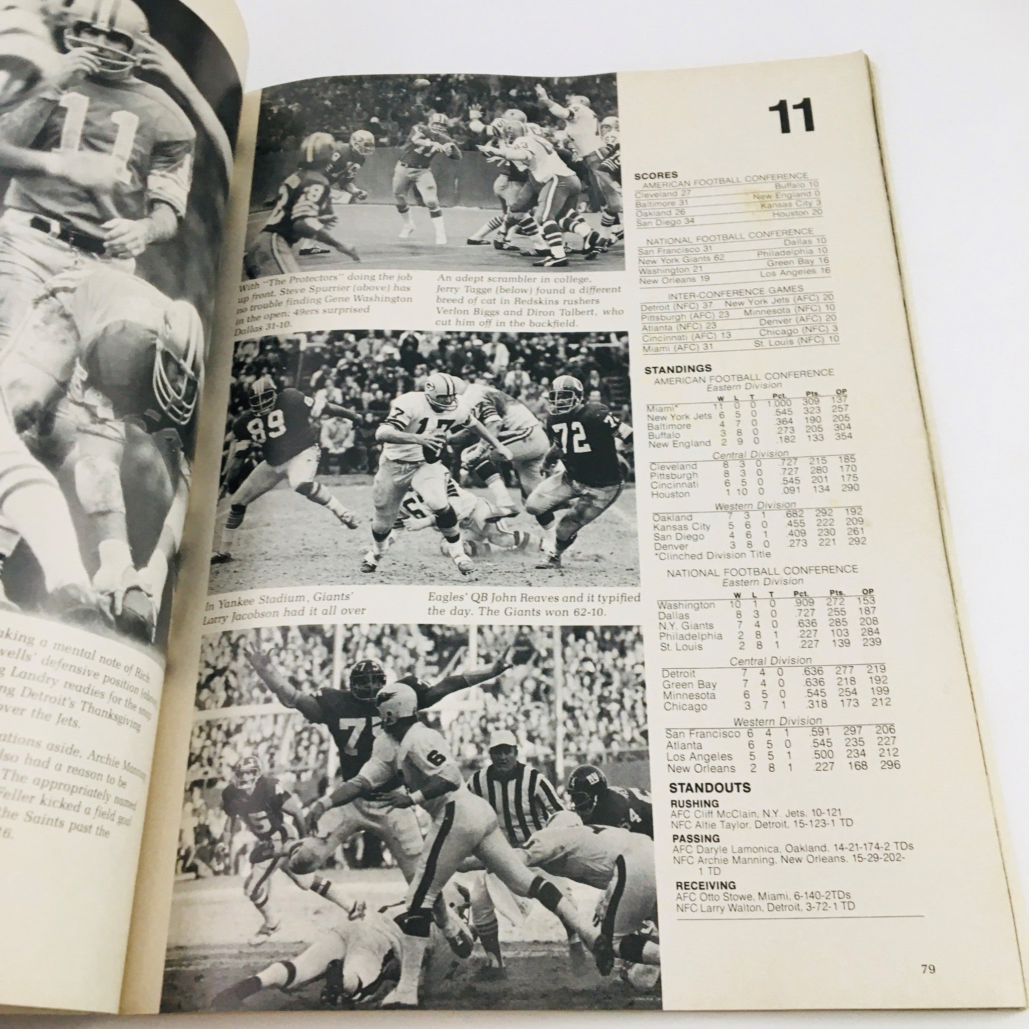 Statistical overview section from the ProLog Official NFL Annual 1973 Magazine, highlighting scores, standings, and standout player performances.
