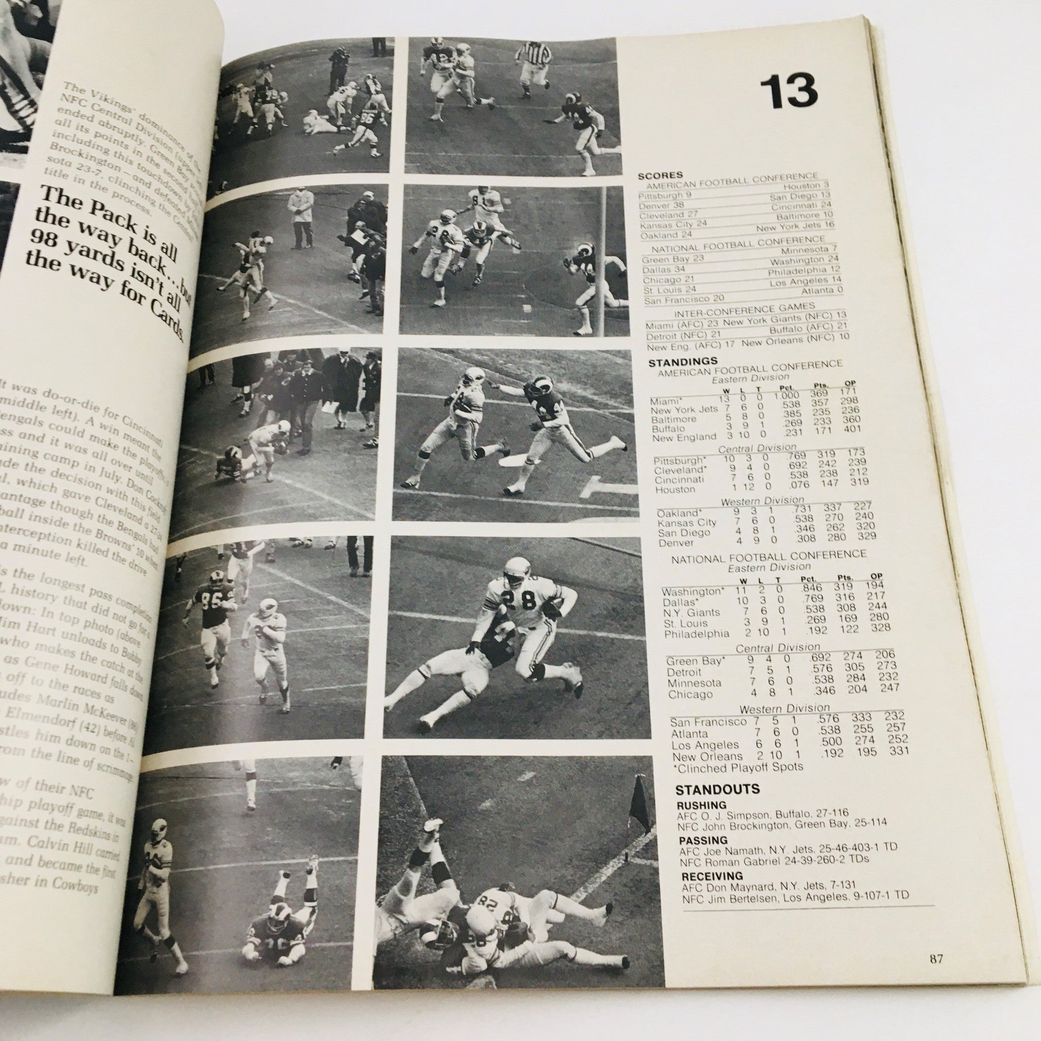 Page 13 of ProLog Official NFL Annual 1973 Magazine featuring game highlights, scores, and standings from the NFL season.