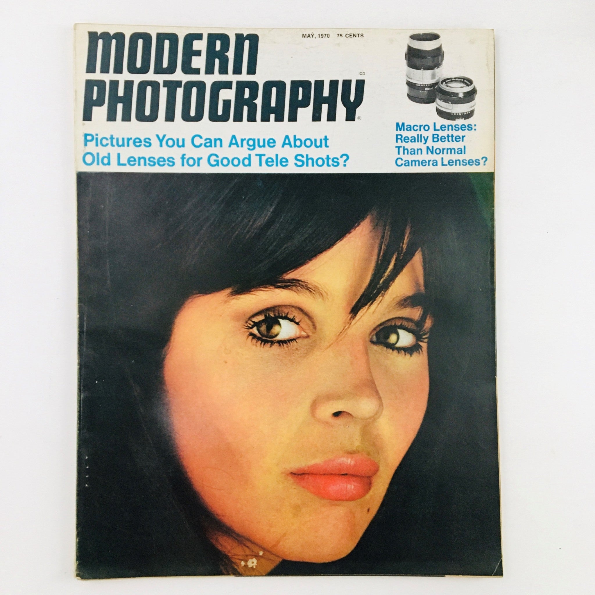 Cover of Modern Photography Magazine May 1970 featuring a close-up of a woman's face and the headline 'Old Lenses for Good Tele Shots'.