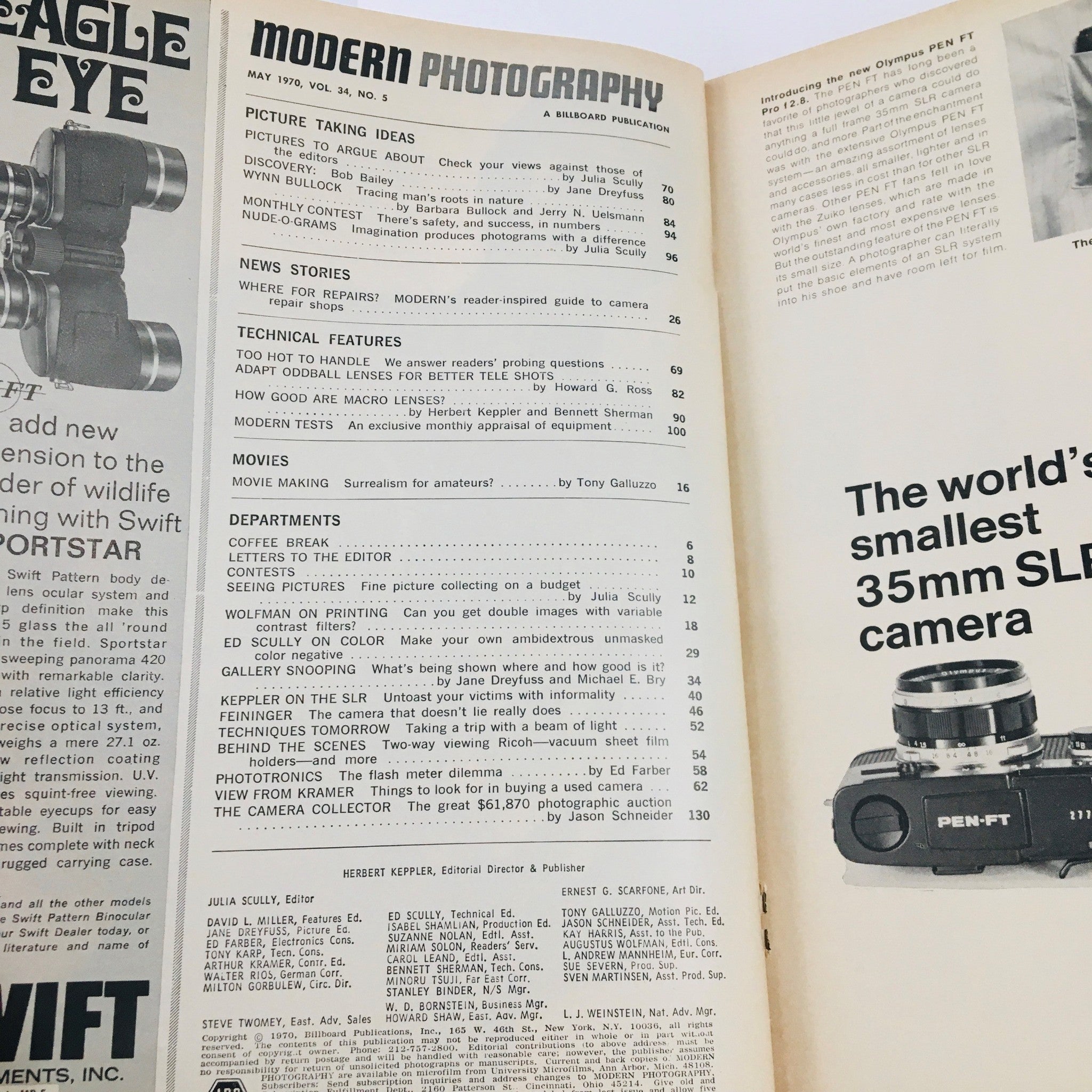 Interior page of Modern Photography Magazine May 1970 displaying the table of contents and articles related to photography techniques and lens usage.
