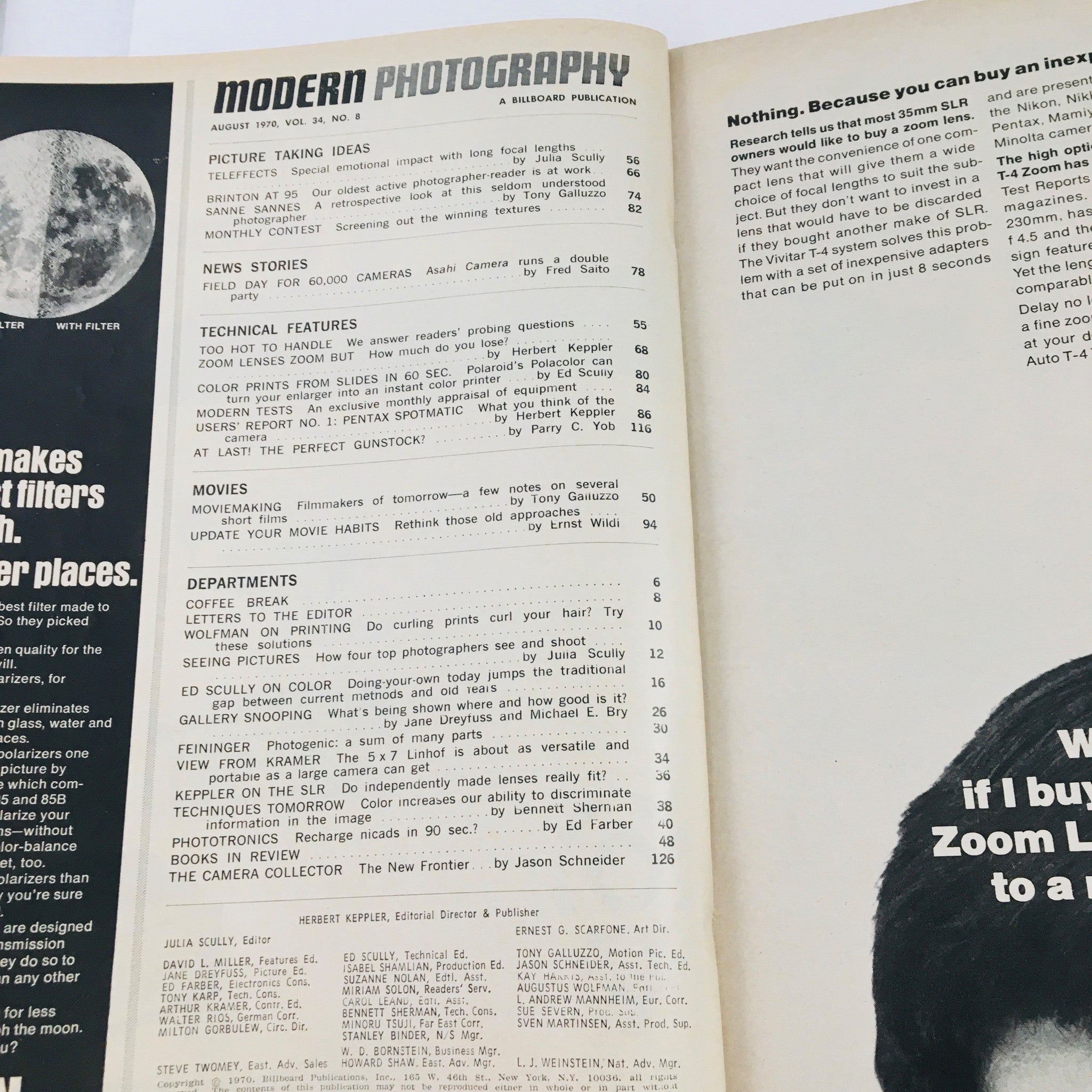 Modern Photography Magazine August 1970 Tele & Zoom Lens Special No Label