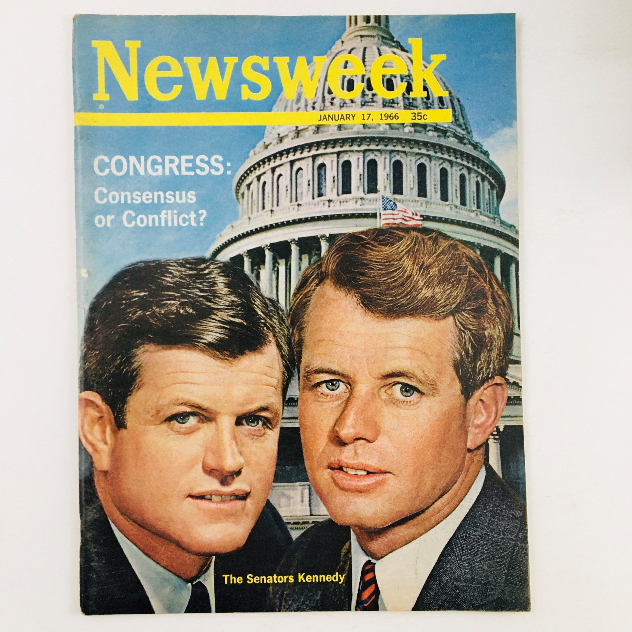 Cover of Newsweek Magazine from January 17, 1966, featuring Teddy Kennedy and Robert Kennedy, with the U.S. Capitol in the background.