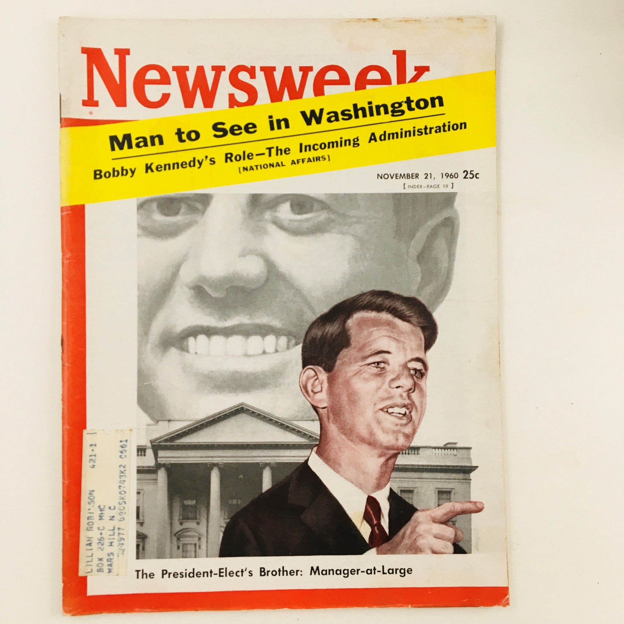 Cover of Newsweek Magazine from November 21, 1960, featuring a prominent article on Bobby Kennedy's role in the incoming administration, showcasing historical imagery and notable graphic design elements.