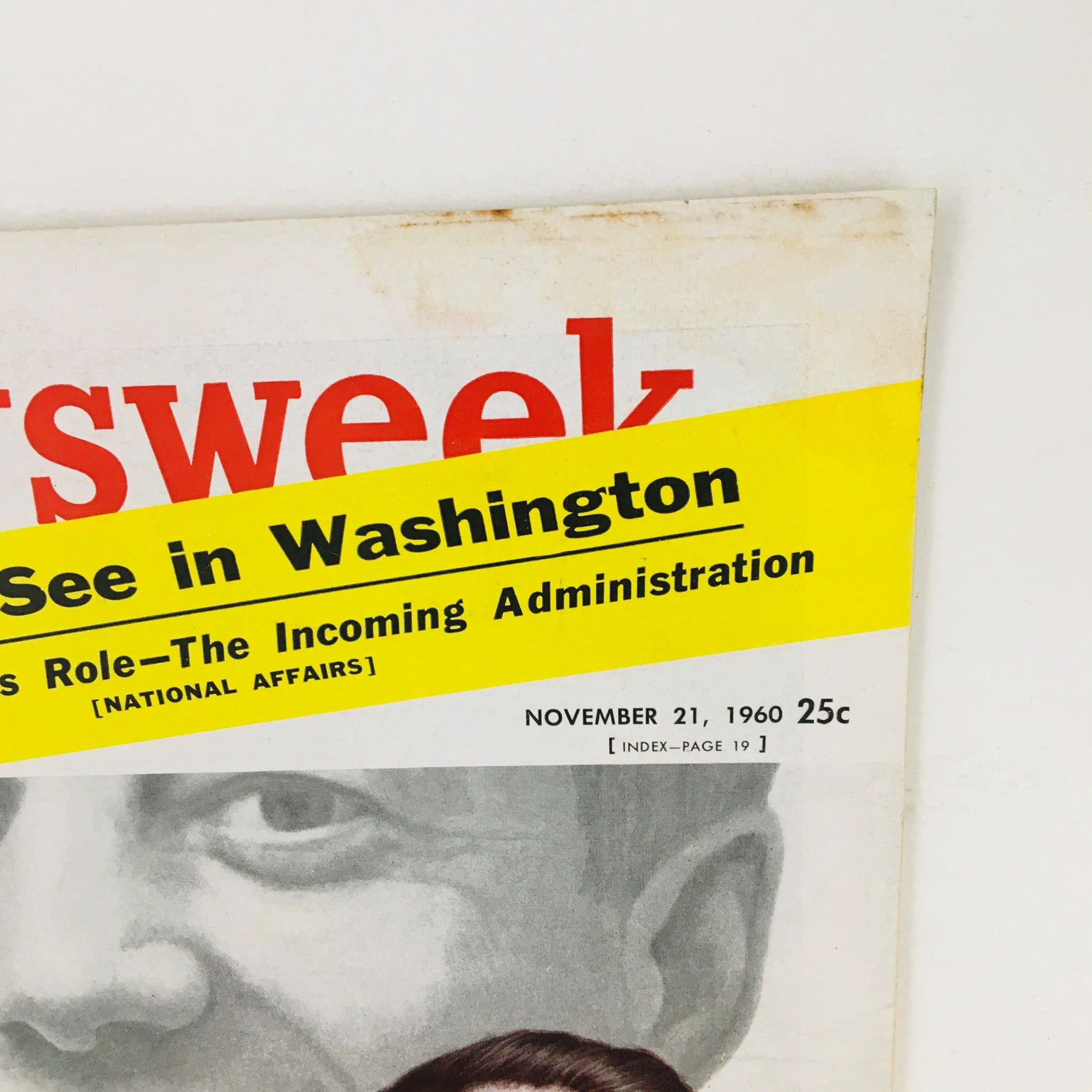 Close-up of the Newsweek Magazine cover dated November 21, 1960, highlighting the title 'Man to See in Washington' along with Bobby Kennedy's role in the incoming administration.