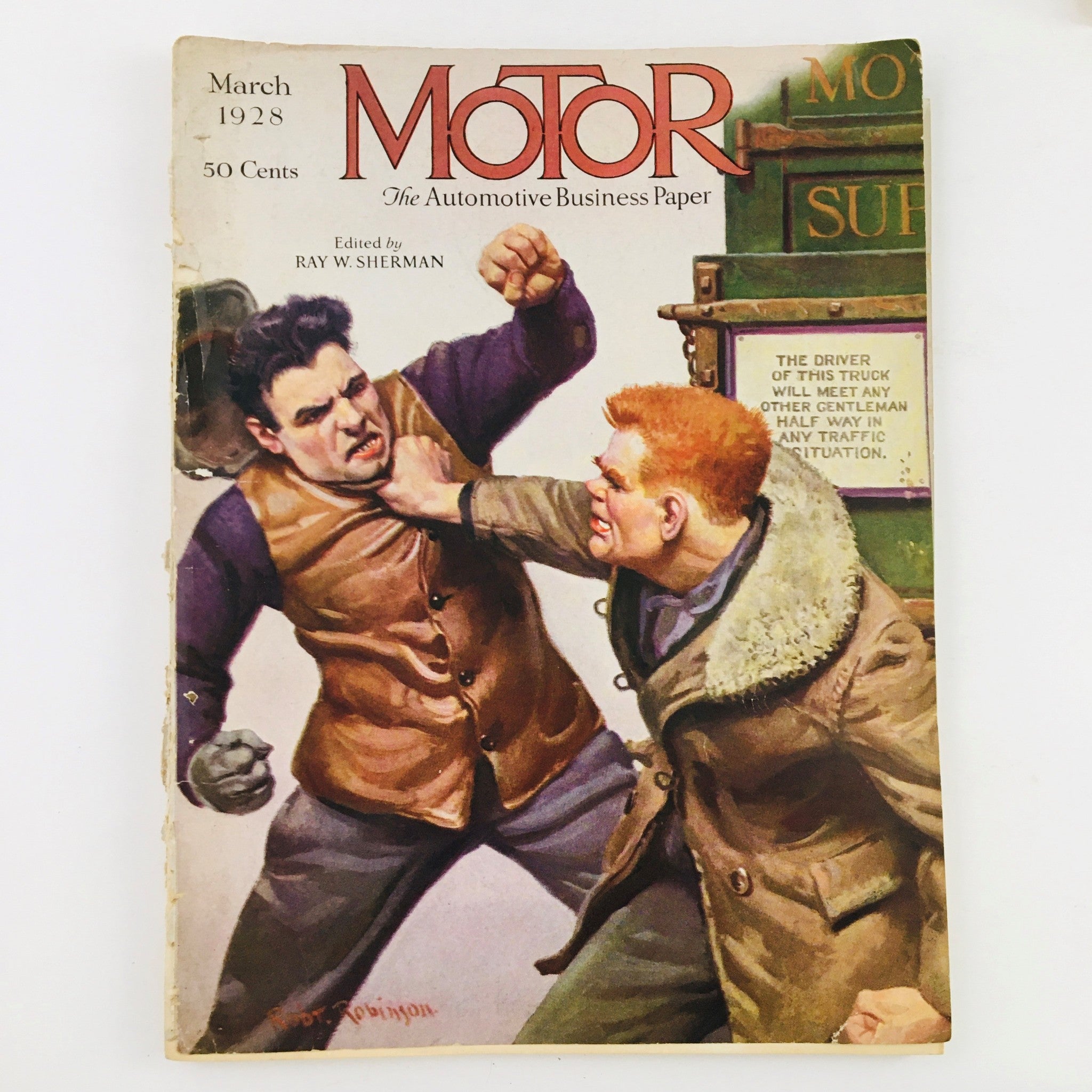 Cover of VTG Motor Magazine March 1928 featuring an illustration of a truck driver and a gentleman, showcasing the automotive culture of the late 1920s.