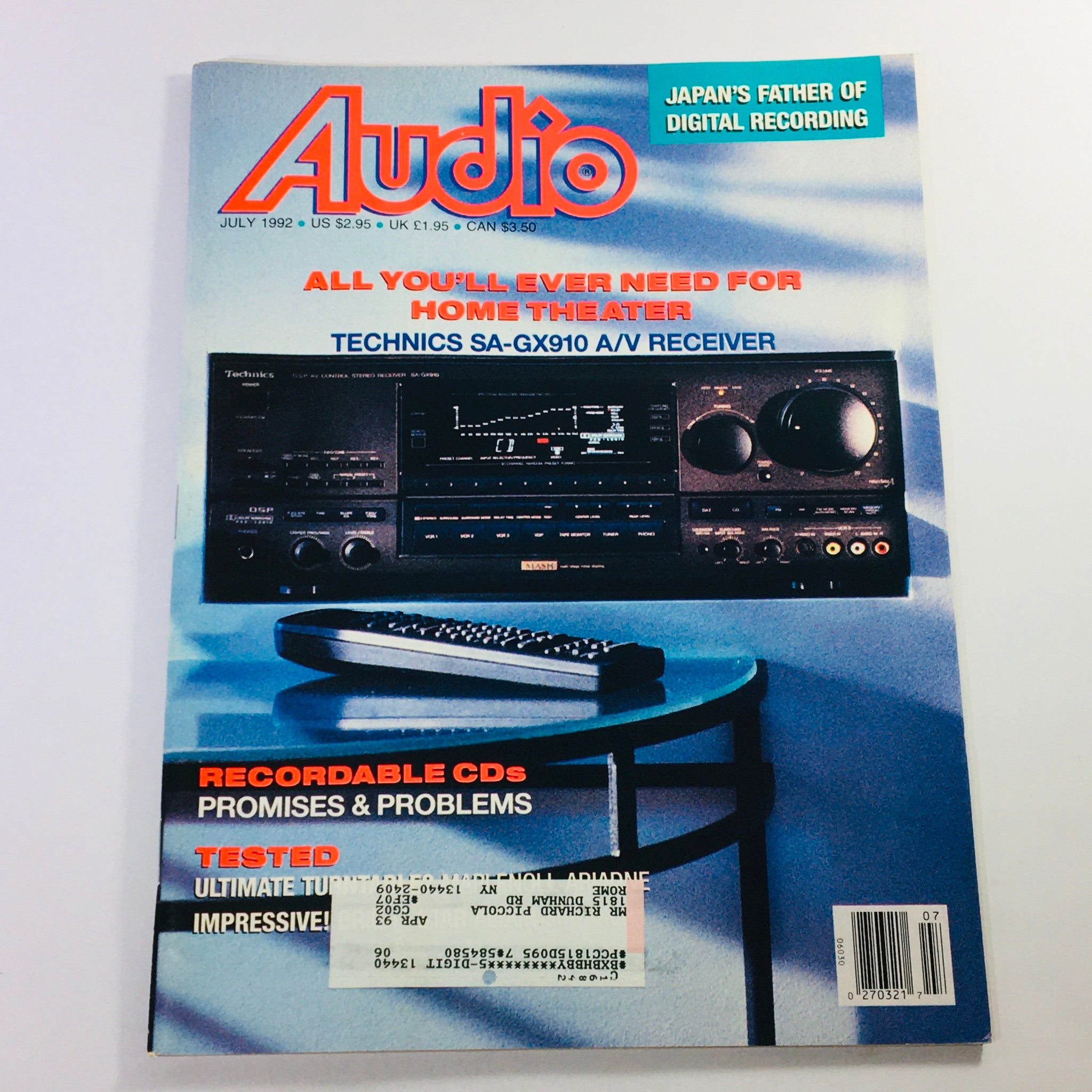 Audio Magazine July 1992 - Technics SA-GX910 A/V Receiver & Japan Digital Record