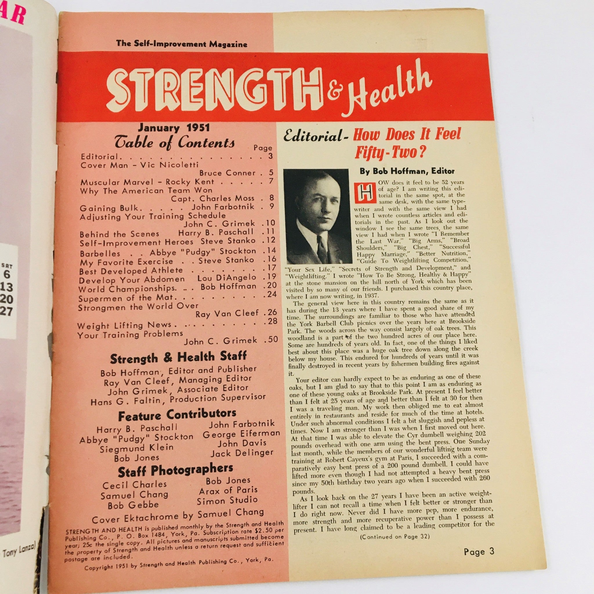 Inside page of Strength & Health Magazine January 1951 displaying the table of contents and editorial.