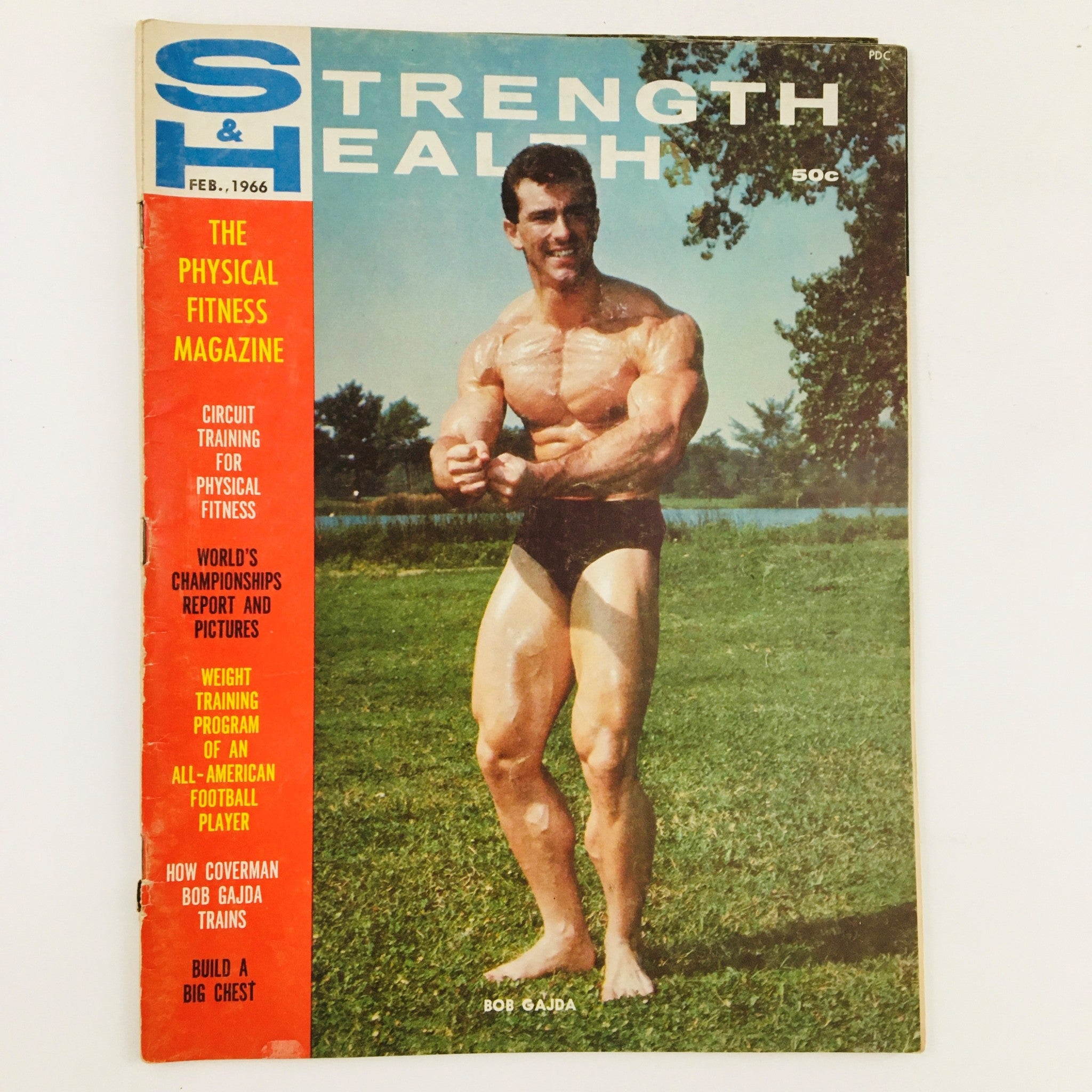 Cover of Strength & Health Magazine February 1966 featuring bodybuilder Bob Gajda, showcasing his muscular physique against a natural backdrop.