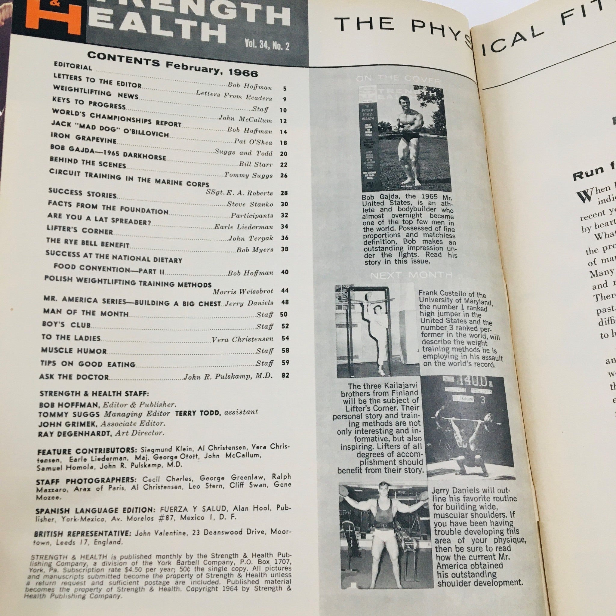 Contents page of Strength & Health Magazine February 1966, detailing articles and features including bodybuilder Bob Gajda.