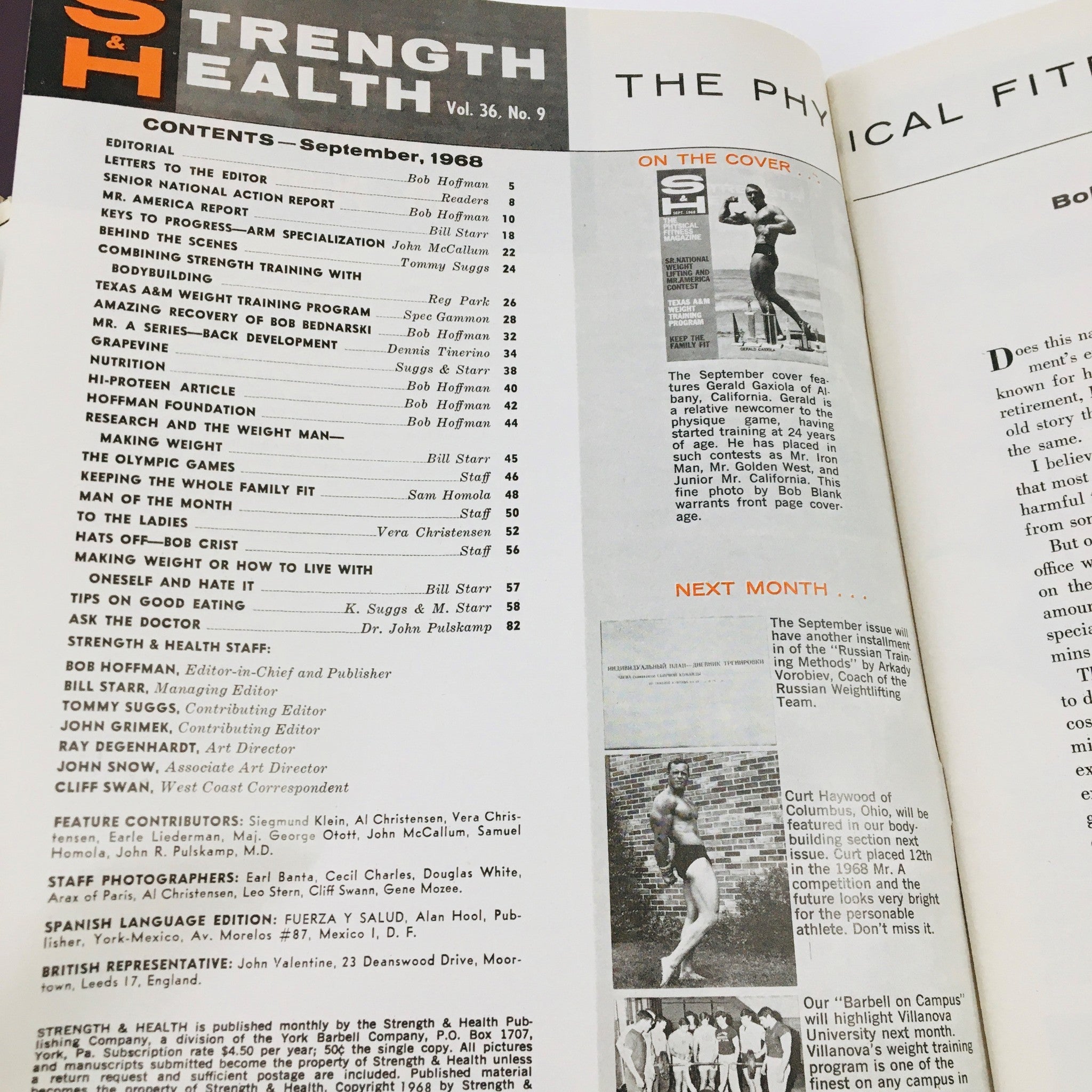 Contents page of Strength & Health Magazine September 1968, listing articles and features related to bodybuilding and fitness culture.