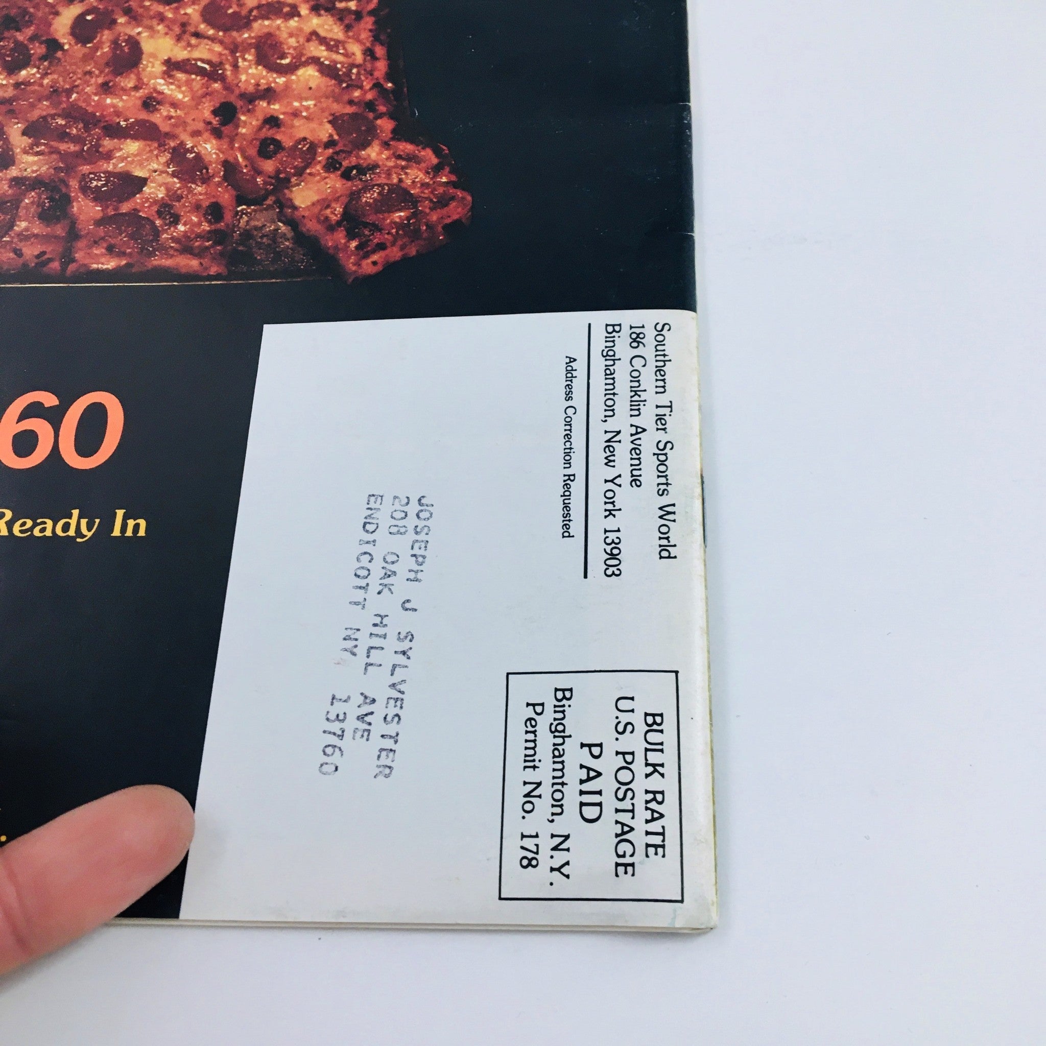 Address and postage details on the back cover of Southern Tier Sports World Magazine January 16, 1975, with visible mailing information and character marks.