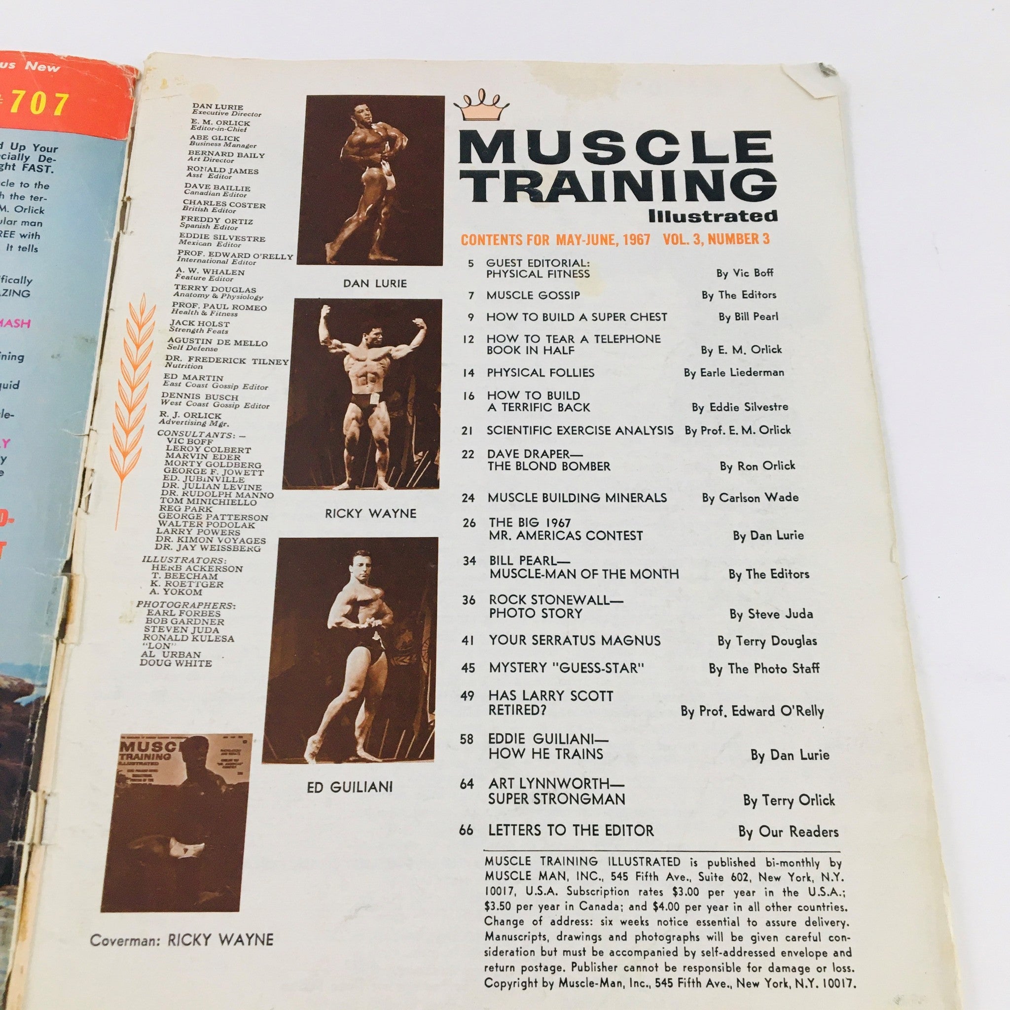 Contents page of Muscle Training Illustrated Magazine May 1967 with a listing of articles and features including legendary bodybuilder Ricky Wayne.