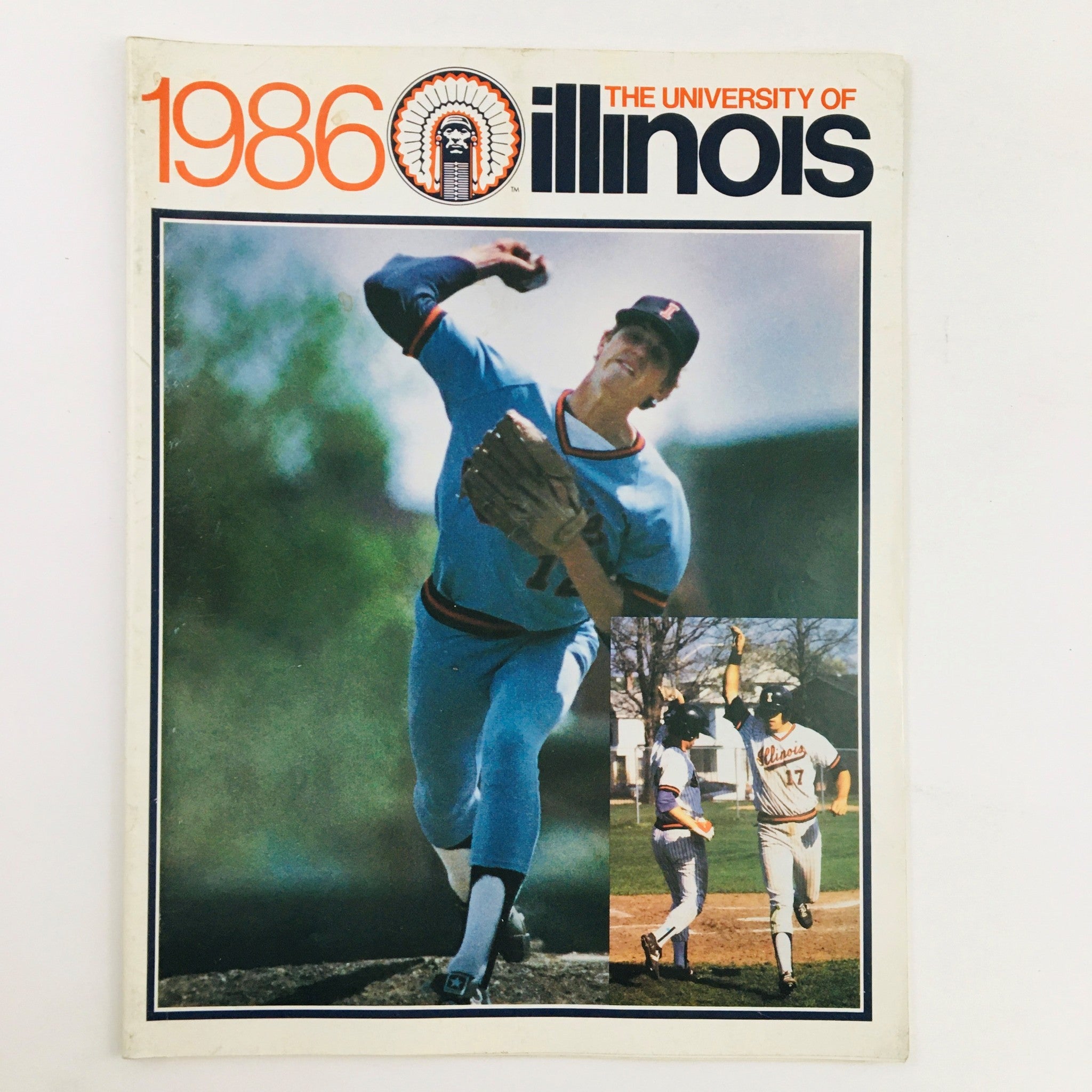 Cover of the 1986 University of Illinois magazine featuring Tom Dedin as Head Coach, showcasing a baseball theme with photographs of players.