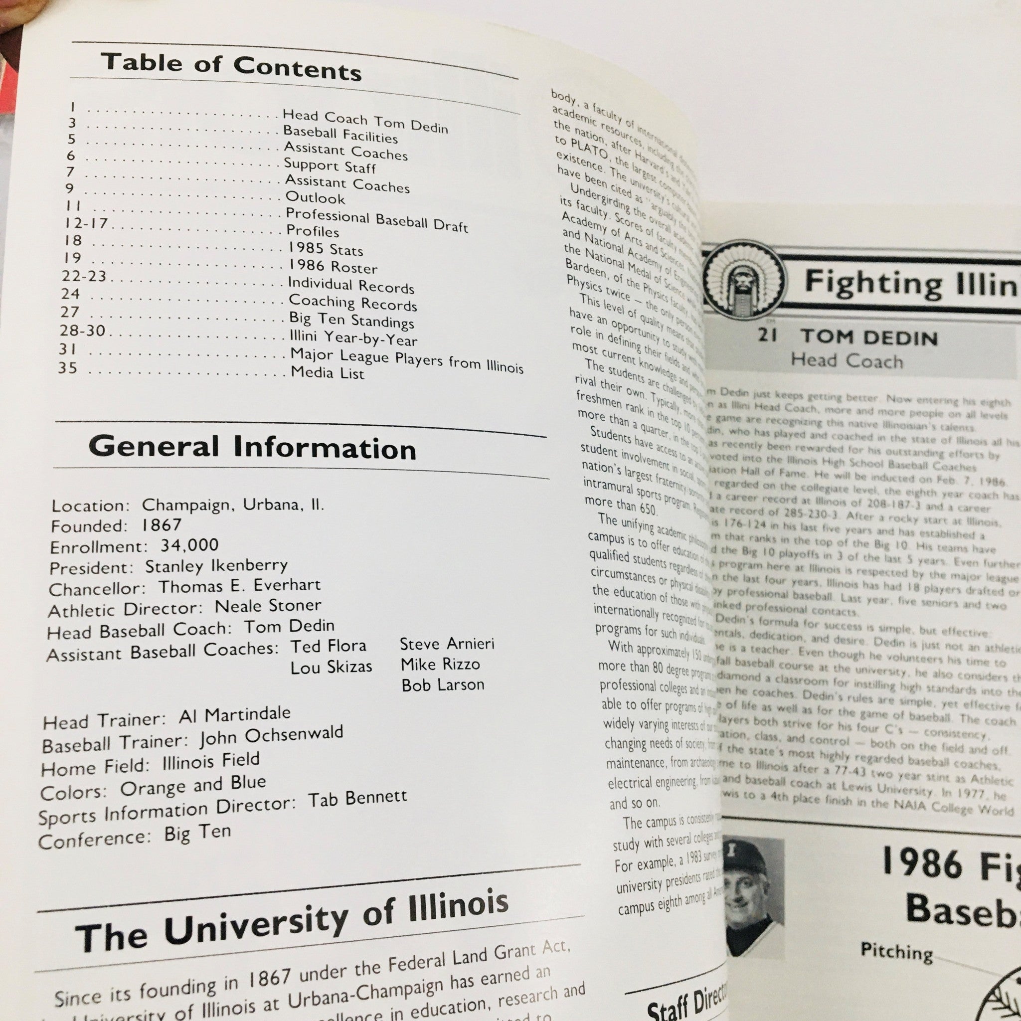 Table of contents page from the 1986 University of Illinois magazine featuring Tom Dedin as Head Coach, listing key topics such as coaching records and player profiles.