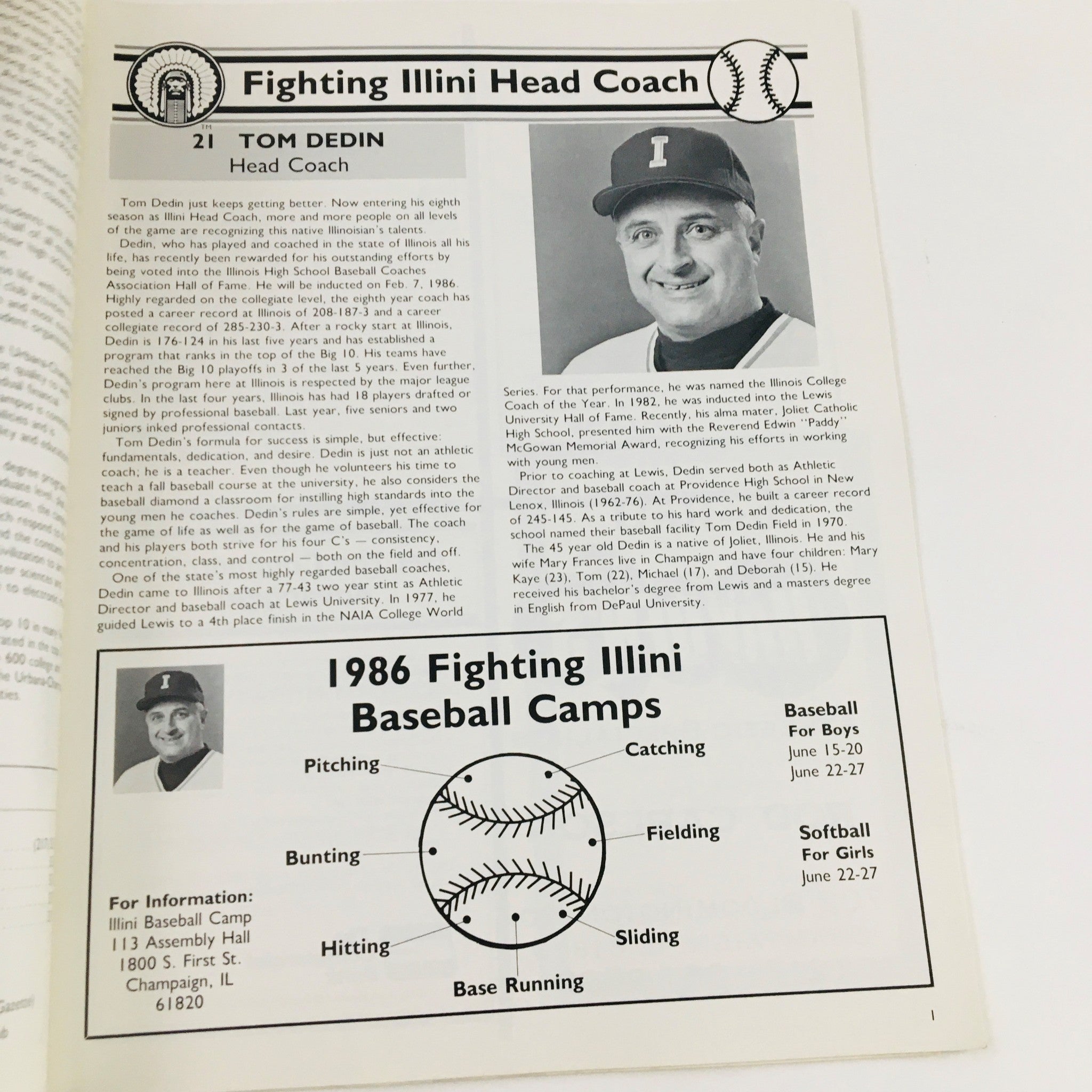 Profile page of Tom Dedin in the 1986 University of Illinois magazine, highlighting his coaching achievements and a photograph.