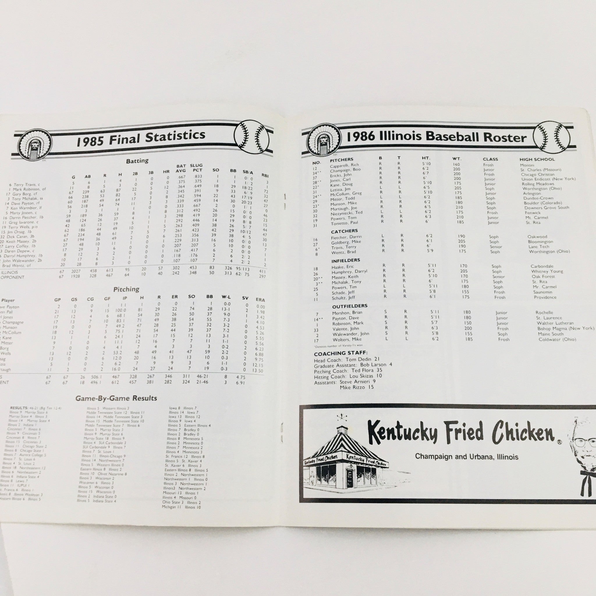 Statistical pages from the 1986 University of Illinois magazine, detailing player statistics and rosters from the baseball season under Head Coach Tom Dedin.