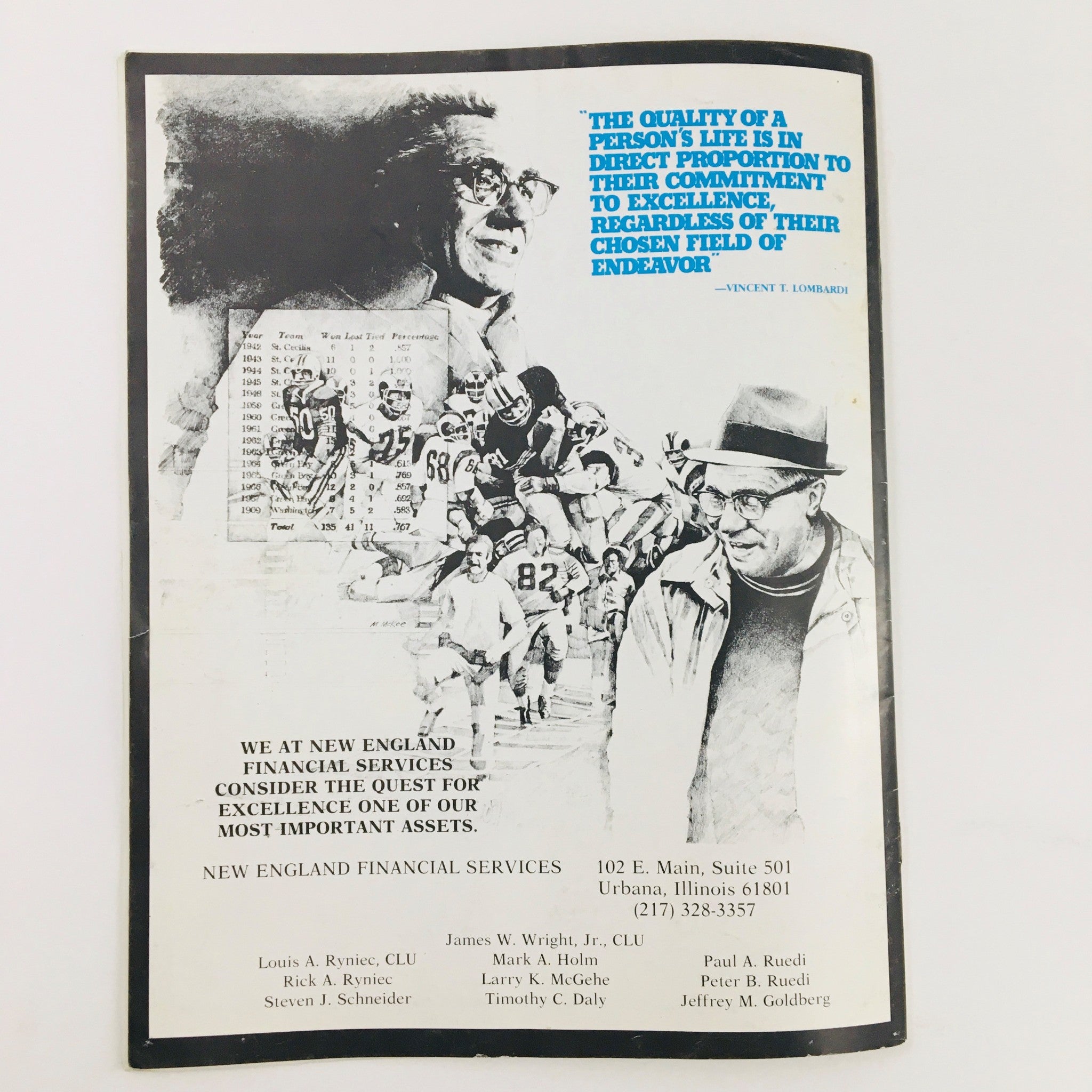 Back cover of the 1986 University of Illinois magazine featuring a financial services ad with a motivational quote and sports imagery.