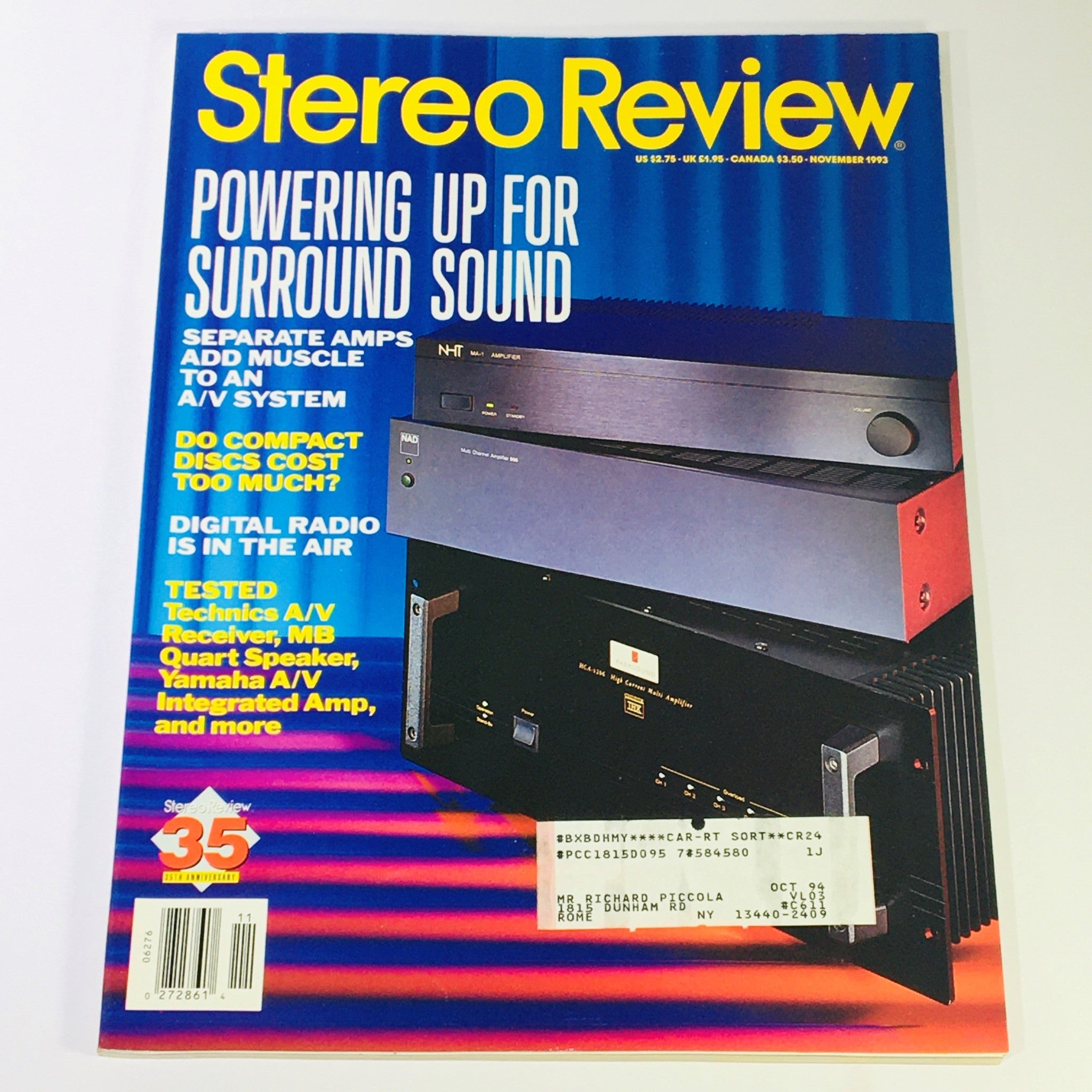 Stereo Review Magazine November 1993 - Technics A/V Receiver & MB Quart Speaker