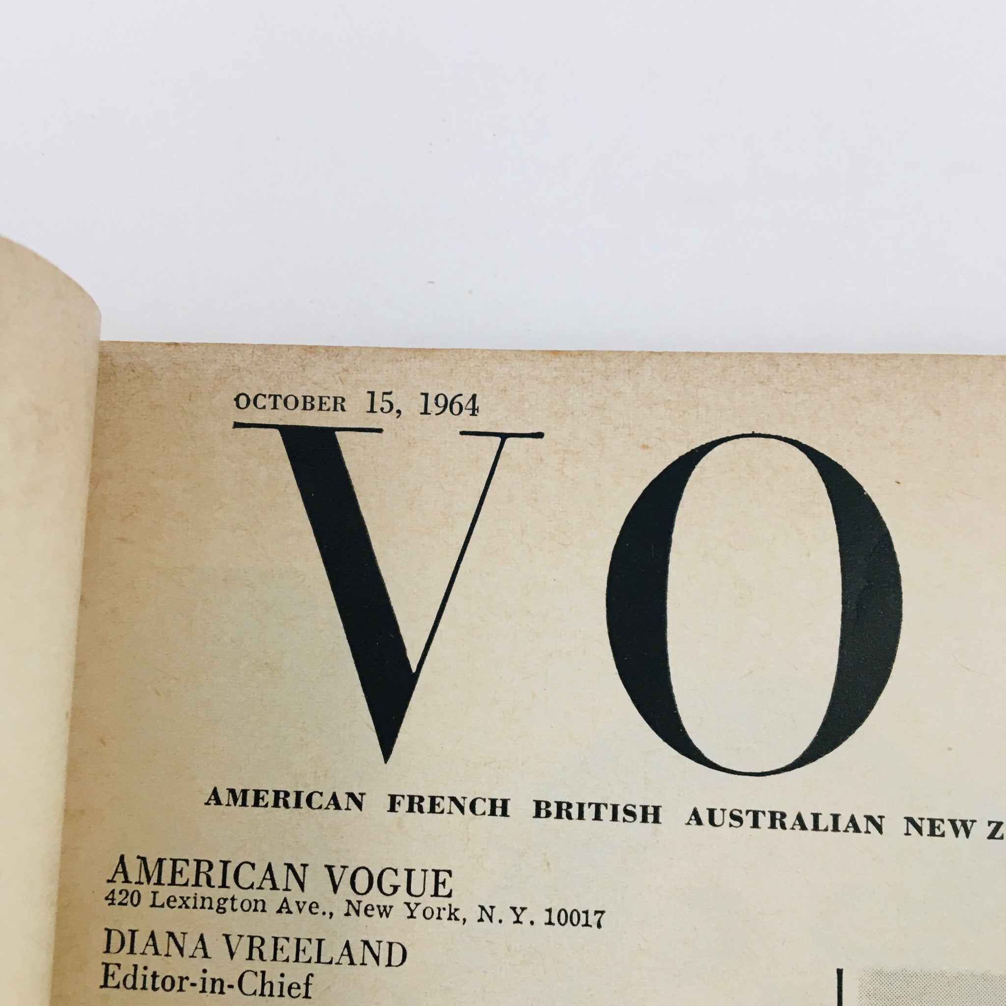 Inside page of Vintage Vogue Magazine October 15 1964 displaying publication details and editor information, titled 'VTG Vogue Magazine October 15 1964 The Special Chemistry on Fashion No Label'.