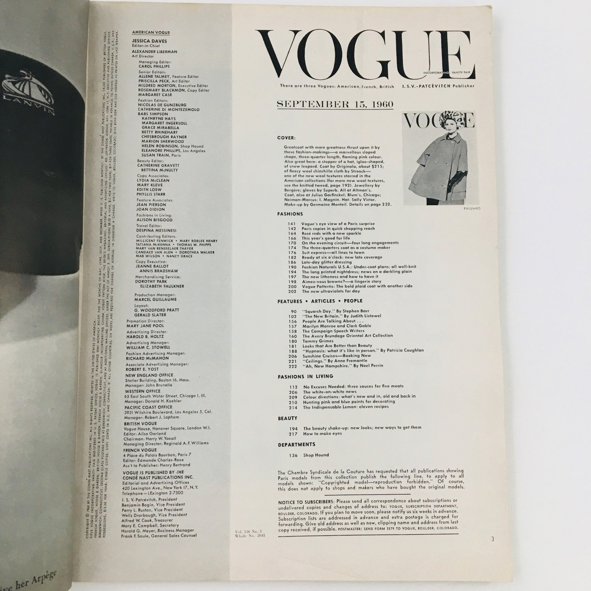 VTG Vogue Magazine September 15 1960 Looks That Are Better Than Beauty No Label