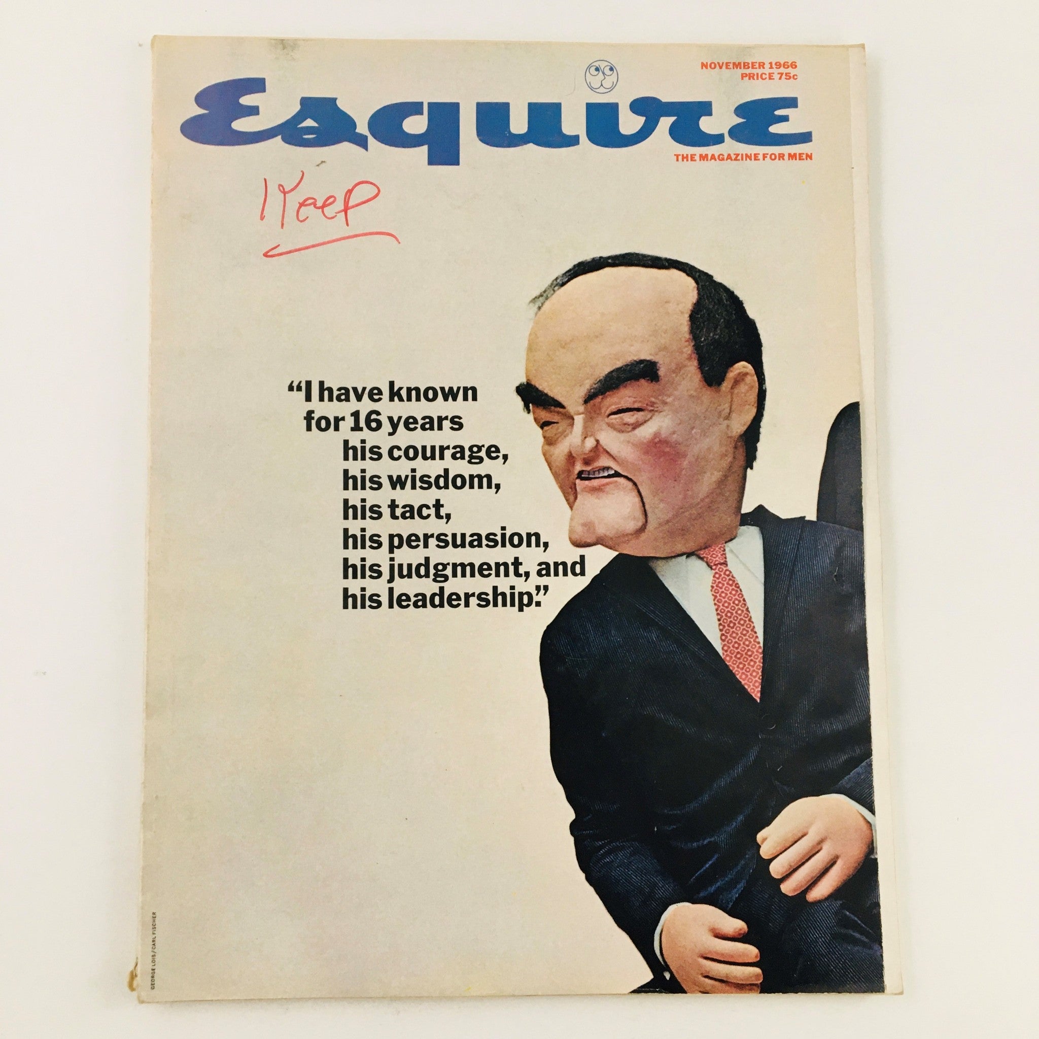Cover of VTG Esquire Magazine November 1966 featuring caricatures of Hubert Humphrey and Lyndon B. Johnson, with a quote about leadership and courage.