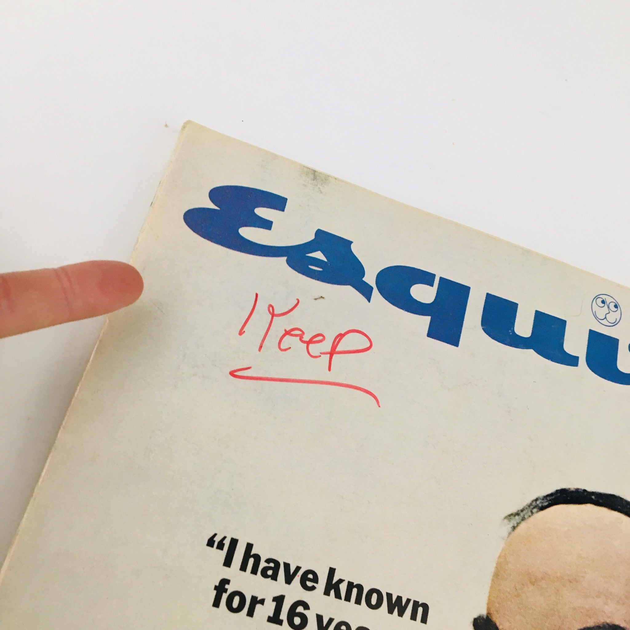 Close-up of the cover of VTG Esquire Magazine November 1966, highlighting the title and handwritten note 'Keep' along with a quote regarding leadership.