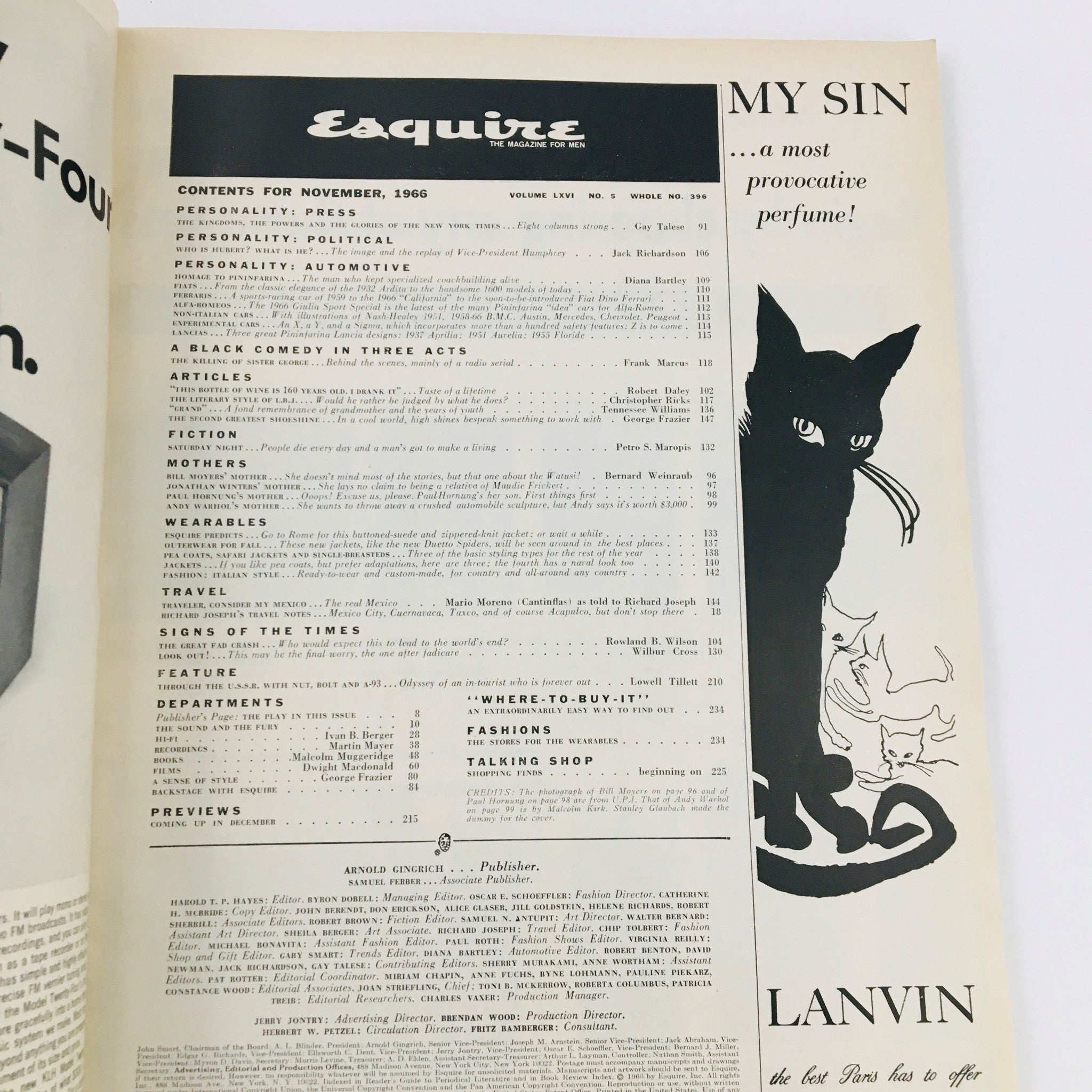 Inside page of VTG Esquire Magazine November 1966 showcasing the table of contents, detailing articles and features of that issue.