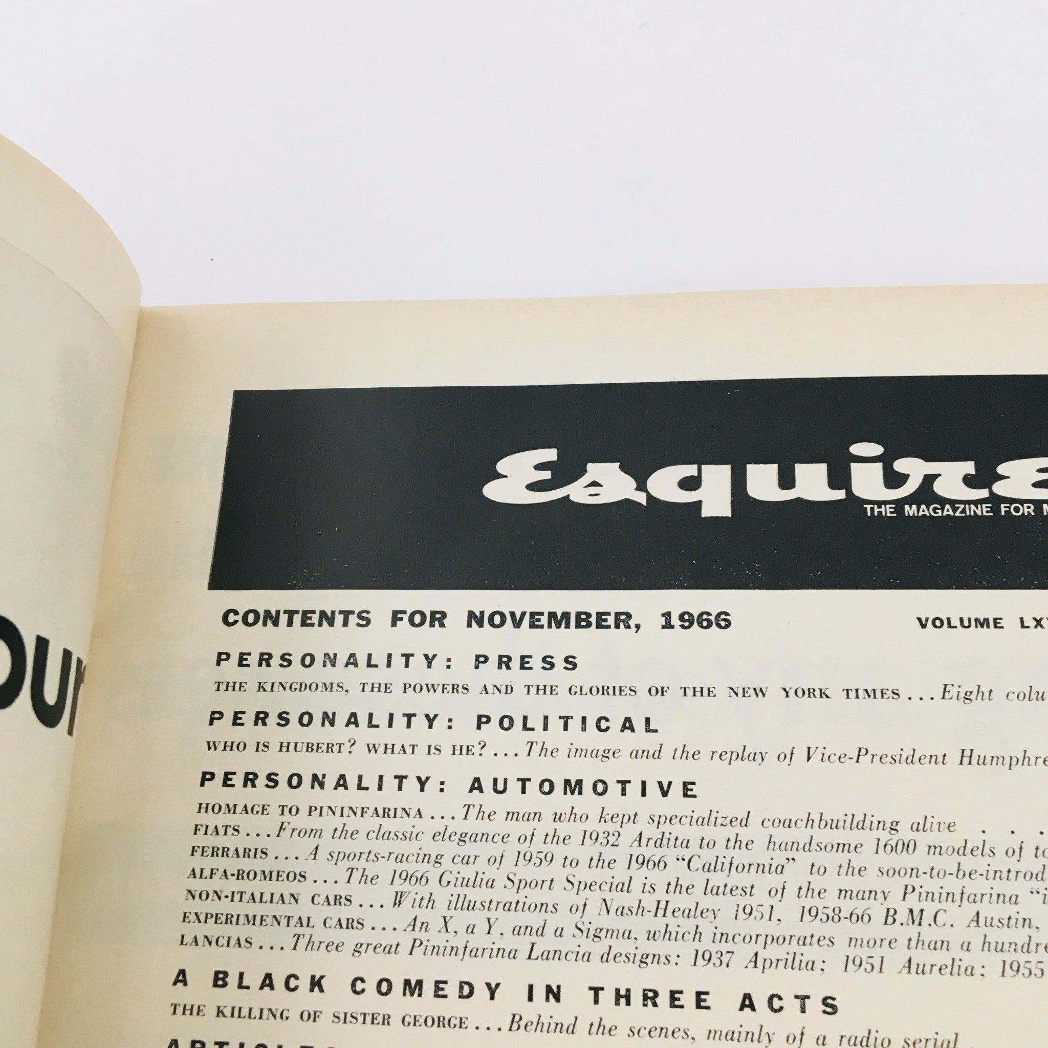 Esquire Magazine November 1966 contents page featuring articles on press and politics, including a section about Hubert Humphrey. Historical insights into the 1960s American culture and political climate.